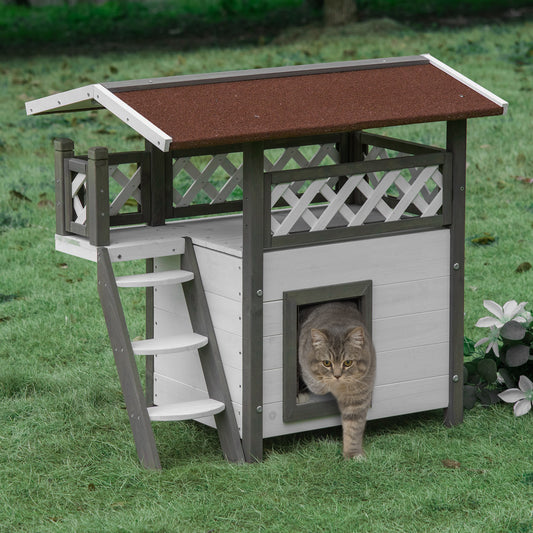 PawHut Cat House Outdoor Kitten Shelter Puppy Kennel with Balcony Stairs Asphalt Roof, 77 x 50 x 73 cm, White