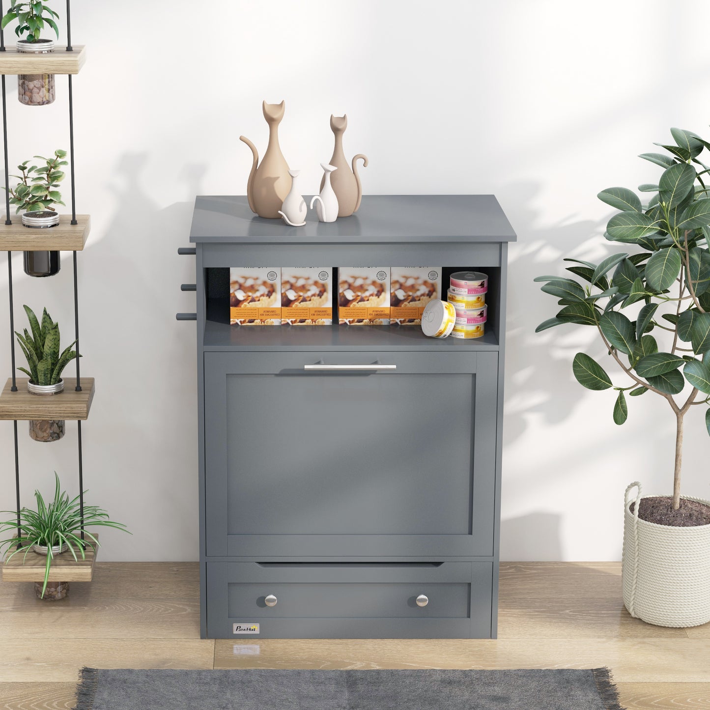 PawHut Pet Feeder Station Dog Food Storage Container with Dog Raised Bowls and Hanger for Feeding and Watering Supplies Grey