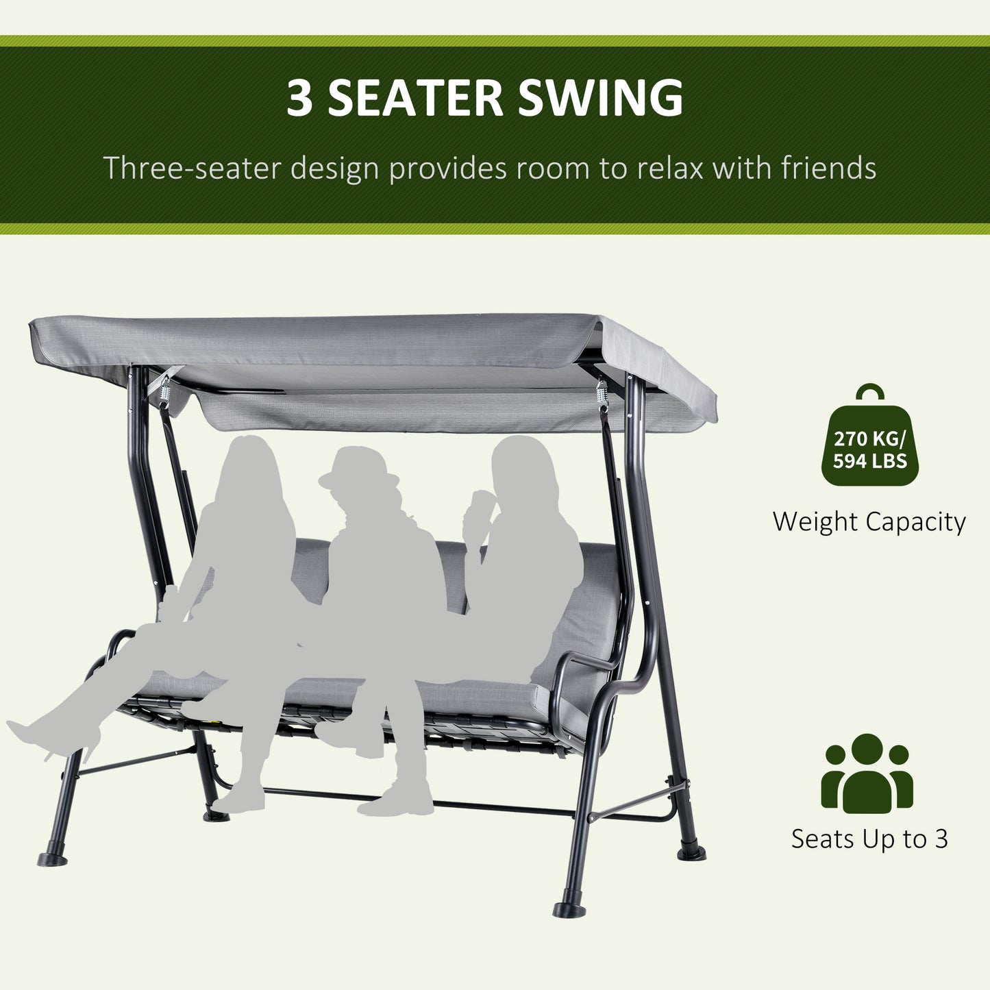 Outsunny Outdoor 3-person Metal Porch Swing Chair Bench, Grey