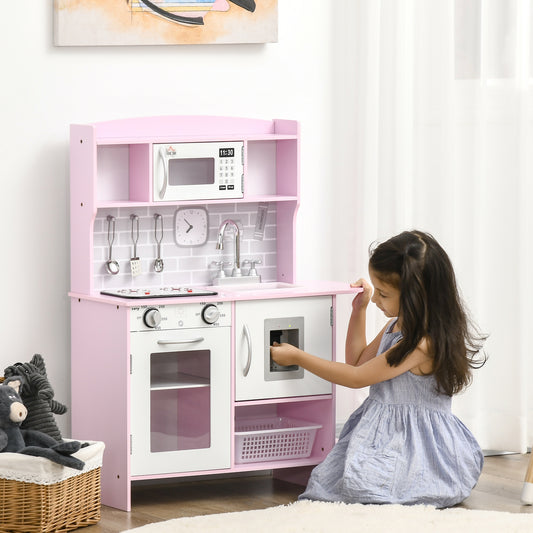 HOMCOM Wooden Play Kitchen with Lights Sounds Pink 70 x 29 x 90 cm