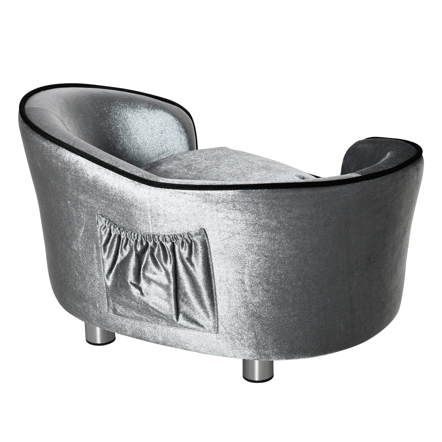 PawHut Pet Sofa Couch, Dog Bed, Cat Lounger, with Storage Pocket Removable Cushion Modern Furniture for Small Dogs, 69 x 49 x 38cm, Silver Grey