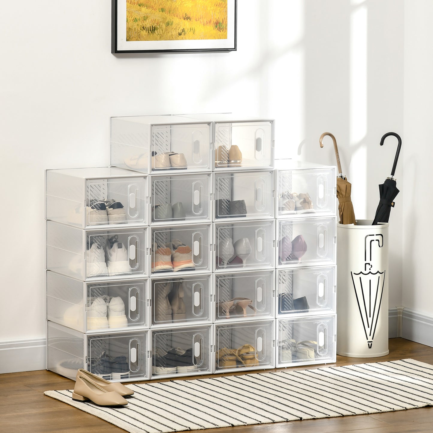 HOMCOM Portable Shoe Storage Cabinet, Cube Storage Organizer for UK/EU Size up to 43 with Magnetic Door for  Women/Men, 25 x 35 x 19cm, Clear and White