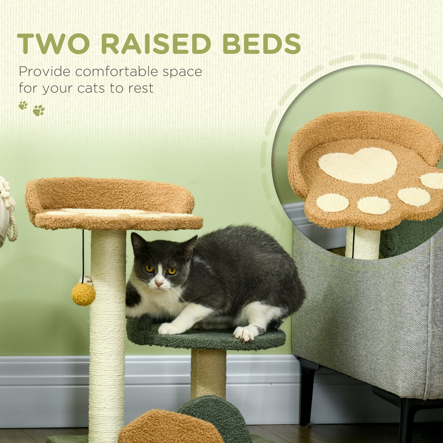 PawHut Small Cat Tree for Indoor Cats, Scratching Posts with 2 Beds, Toy Ball, 43 x 39 x 52cm