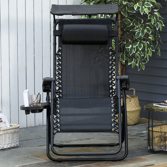 Outsunny Zero Gravity Garden Deck Folding Chair Patio Sun Lounger Reclining Seat with Cup Holder & Canopy Shade - Black