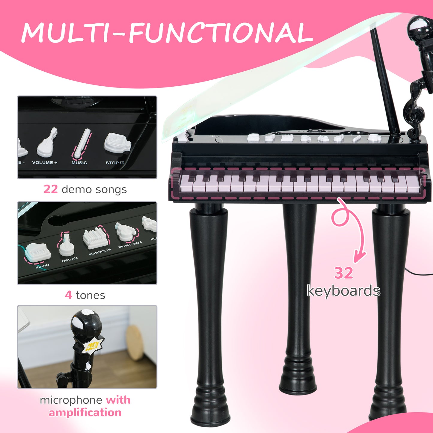 AIYAPLAY 32Key Kids Piano Keyboard with Stool Lights Microphone Sounds Removable Legs Black