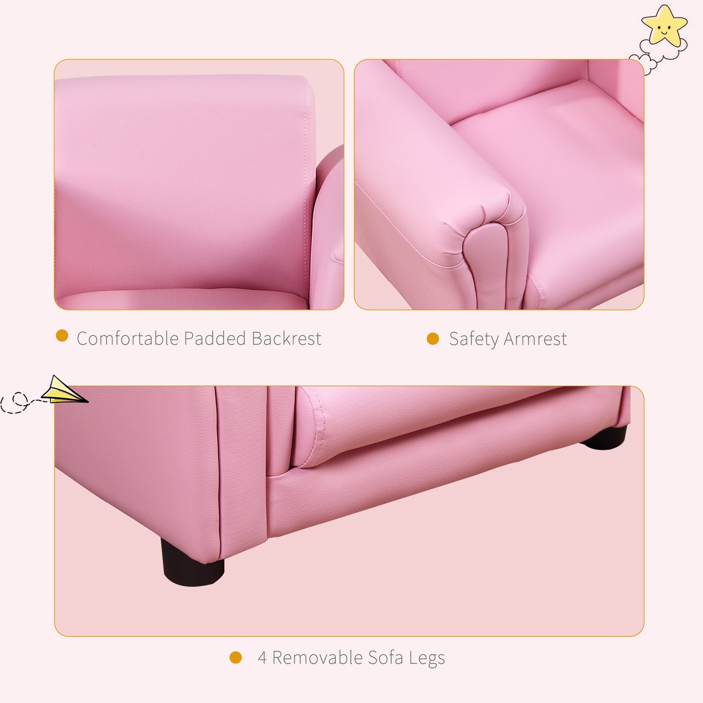 HOMCOM Toddler Chair Single Seater Kids Sofa Set Children Couch Seating Game Chair Seat Armchair w/ Free Footstool (Pink)