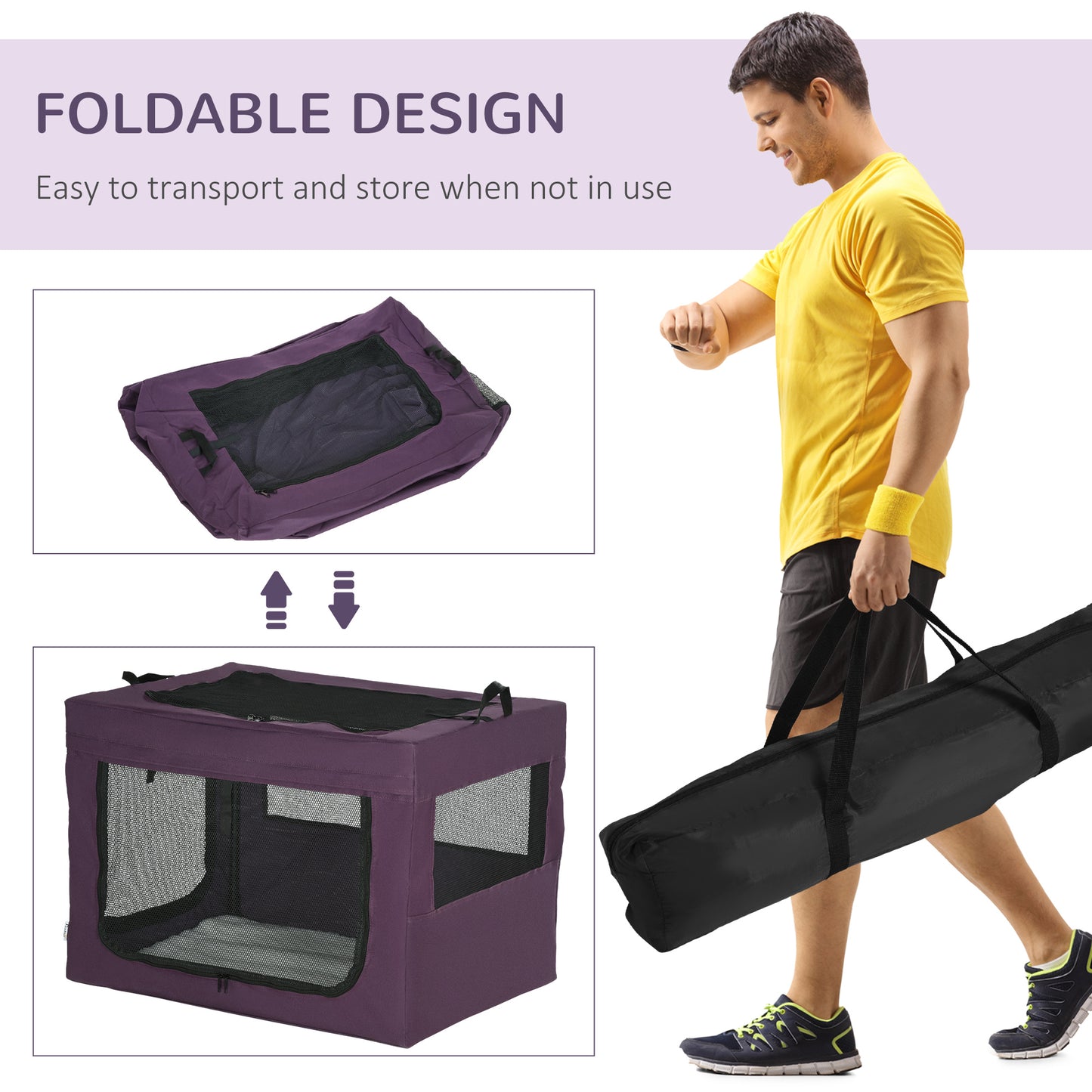 PawHut Pet Carrier, Portable Cat Carrier, Foldable Dog Bag for Small and Medium Dogs, 79.5 x 57 x 57 cm, Purple