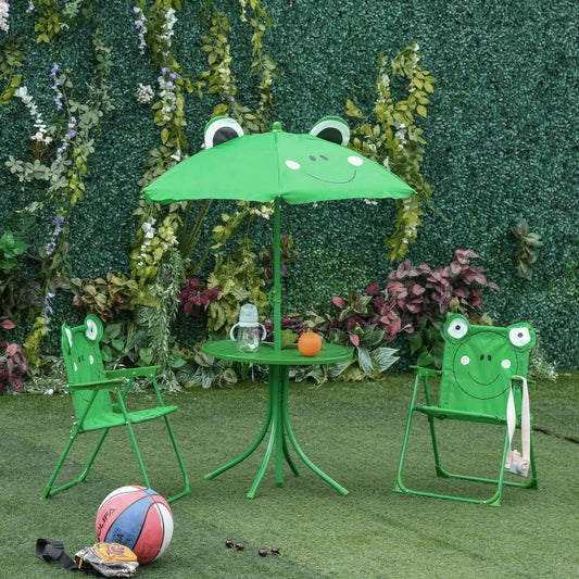 Outsunny Kids Folding Picnic Table and Chair Set Frog Pattern with Removable & Height Adjustable Sun Umbrella, Green