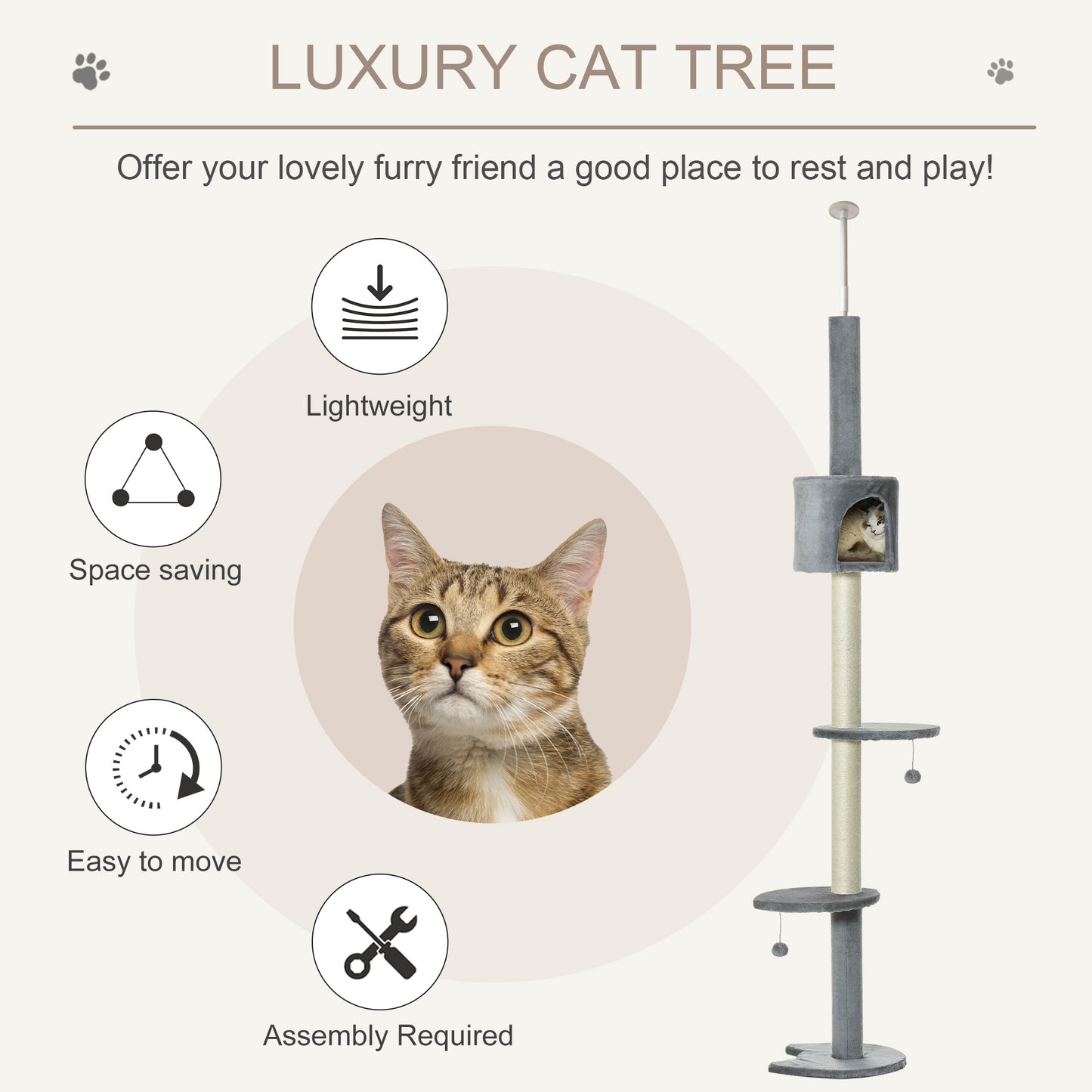 PawHut Cat Tree, Kitten Tower, Condo, Multi-Layer Activity Center, Indoor Pet Play House with Solid Scratching Post Hanging Balls, Light Grey