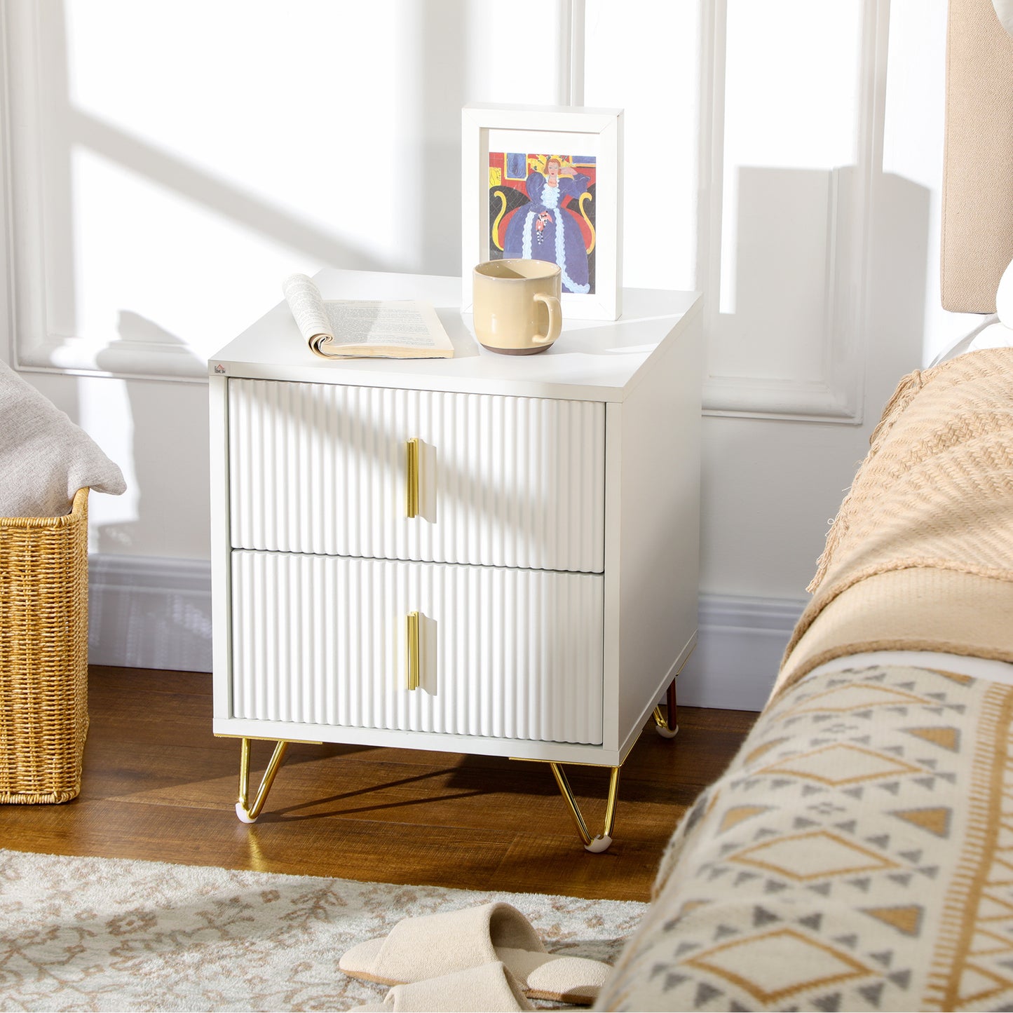 HOMCOM Ribbed Drawer Bedside Table, with Hairpin Legs - White