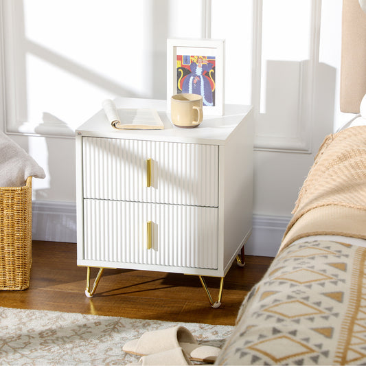 HOMCOM Ribbed Drawer Bedside Table, with Hairpin Legs - White