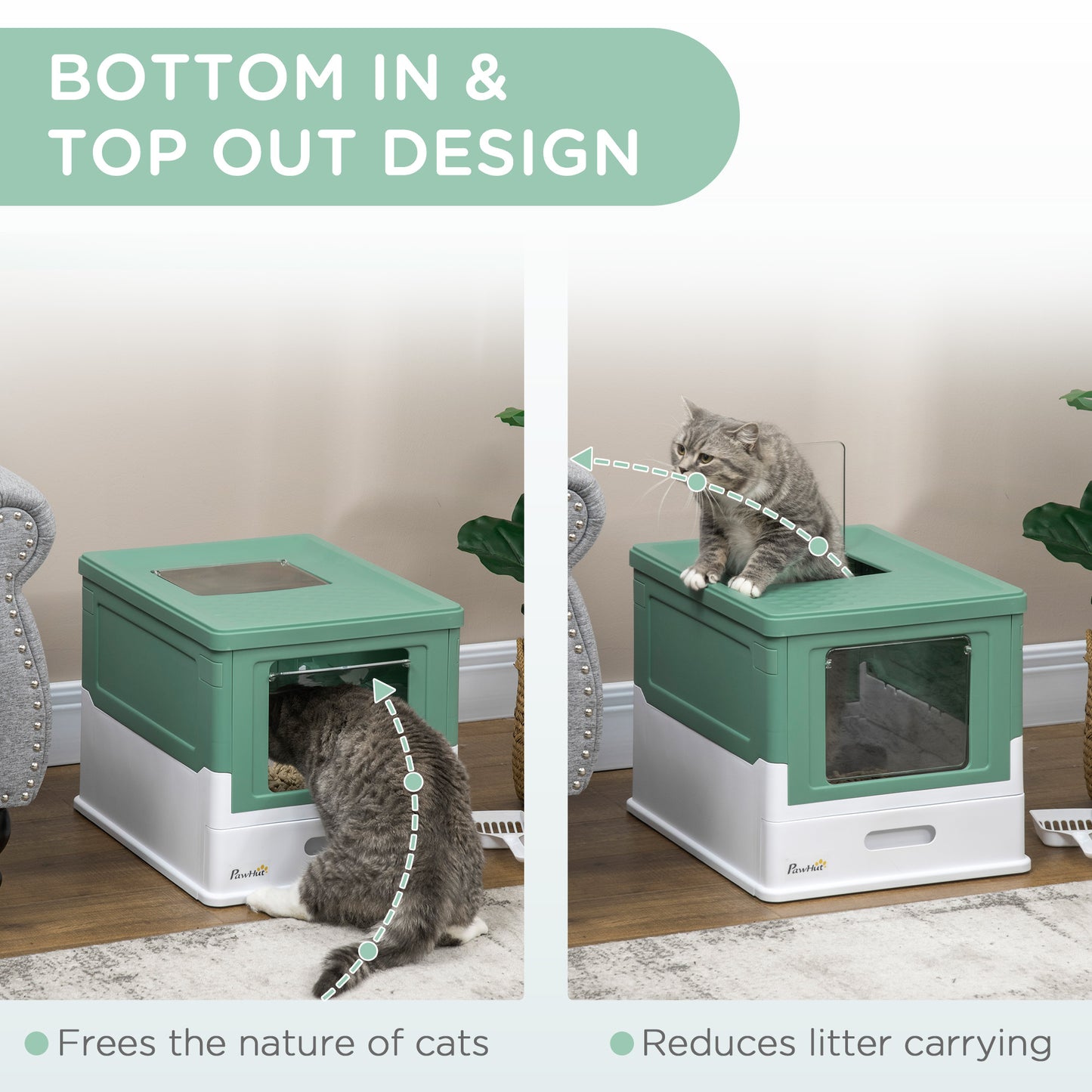 PawHut Hooded Cat Litter Box Scoop Included, Litter Tray with Front Entry Top Exit, Portable Pet Toilet with Large Space, Easy Assemble, 47.5 x 35.5 x 36.7 cm, Green