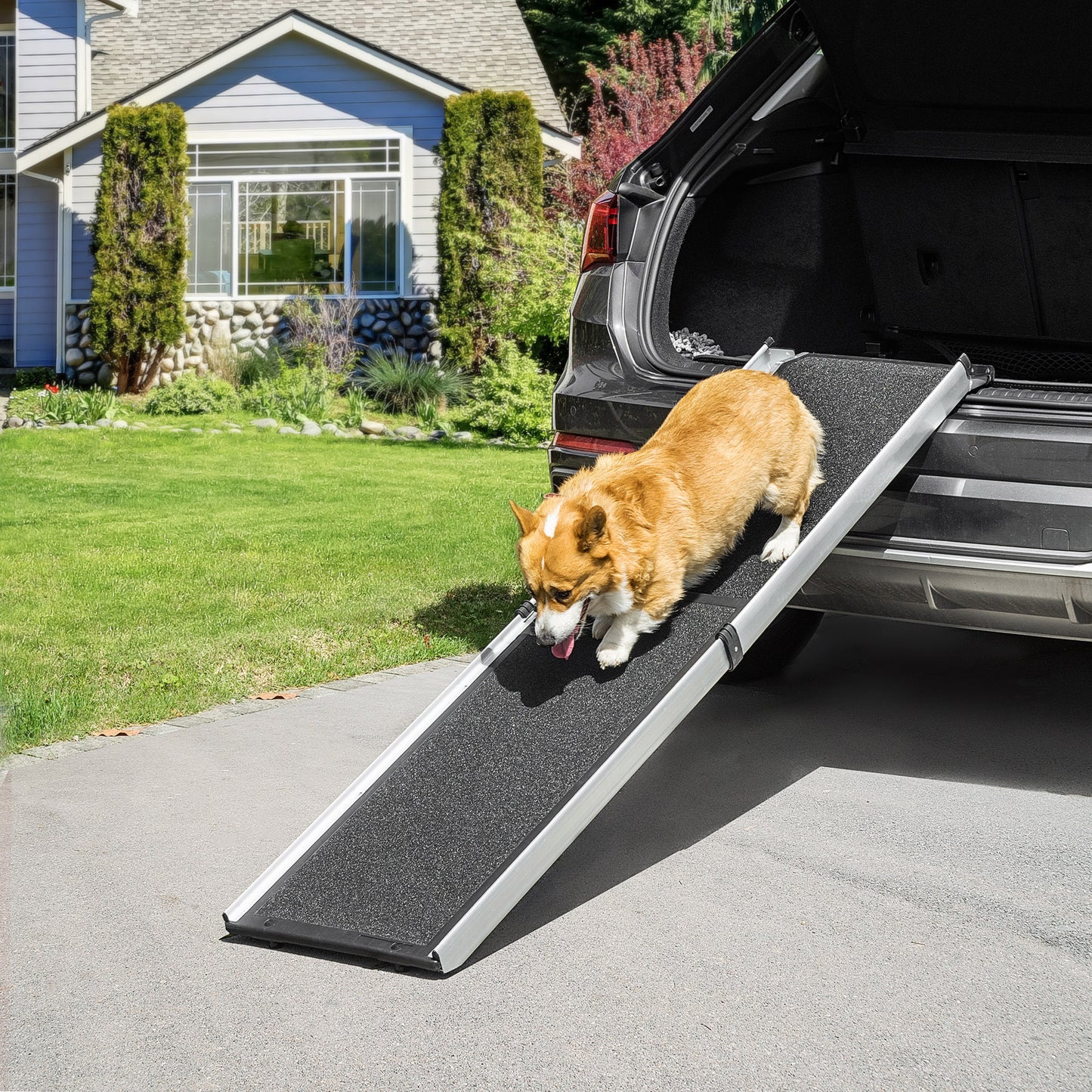 PawHut Portable Folding Pet Ramp, Dog Ramp for Cars with One Carry Handle, Non-Slip Ramp for Dogs to Get into a Car, Secure Aluminium Frame, Black