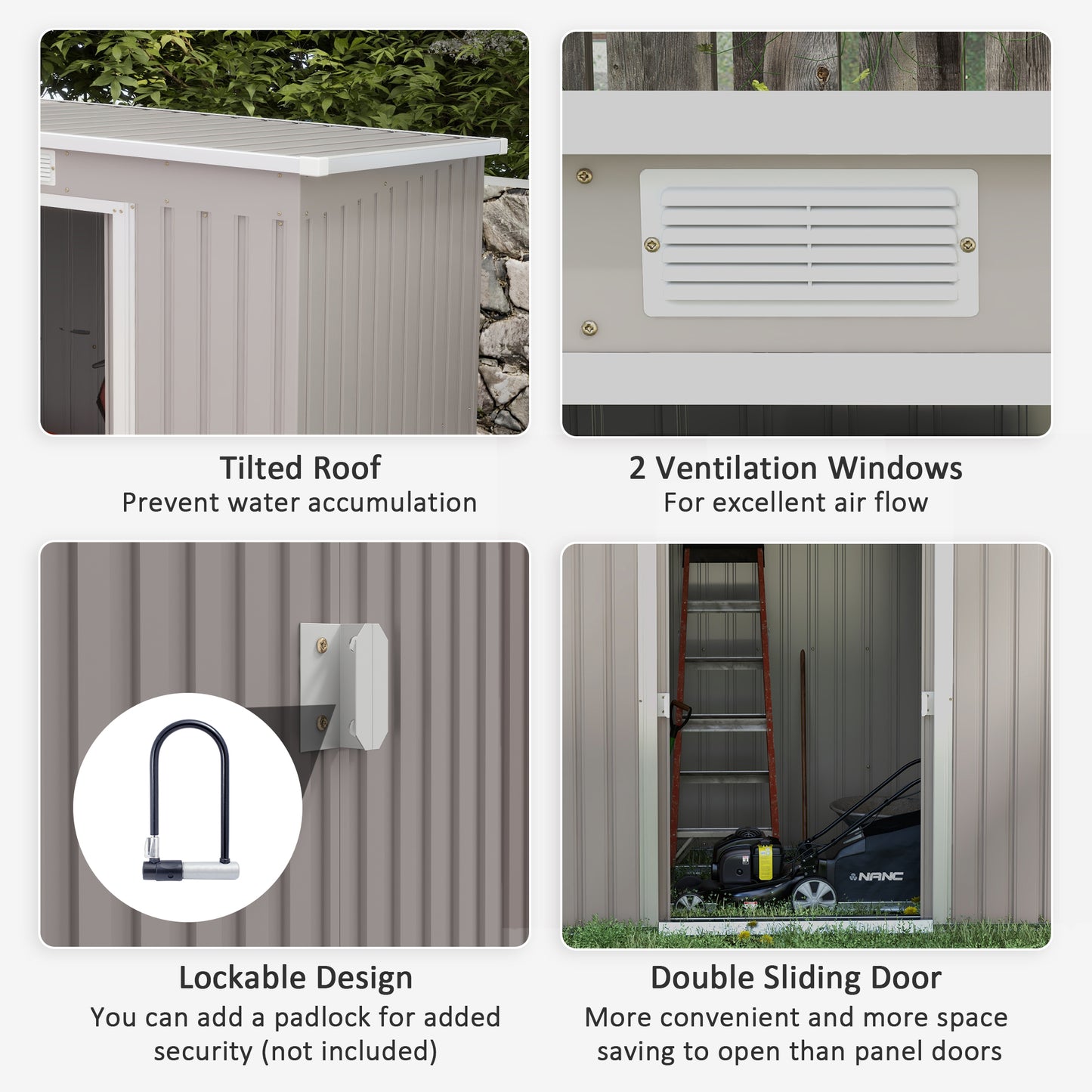 Outsunny Outdoor Lean to Garden Metal Equipment Tool Storage Shed w/ Foundation Double Door Vents and Sloped Roof Grey