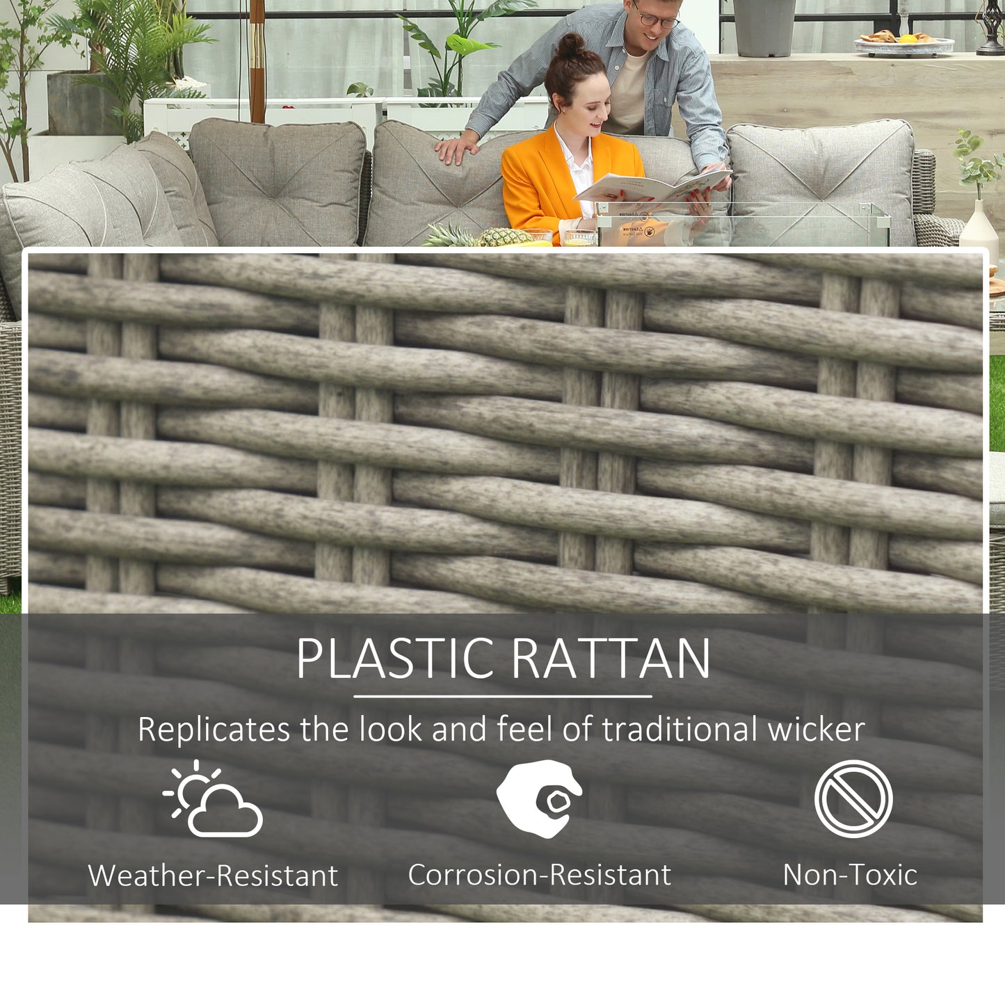 Outsunny 8-Seater Outdoor PE Rattan Sofa Set Conversation Set w/ Fire Pit Table, L-Shape Sofa, Footstool and Furniture Cover