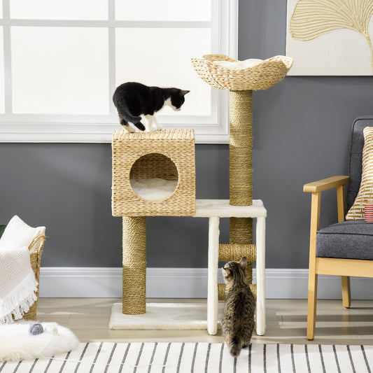 PawHut Cat Tree for Indoor Cats Kitten Tower Cattail Weave with Scratching Posts, Natural, 57 x 37 x 100.5 cm