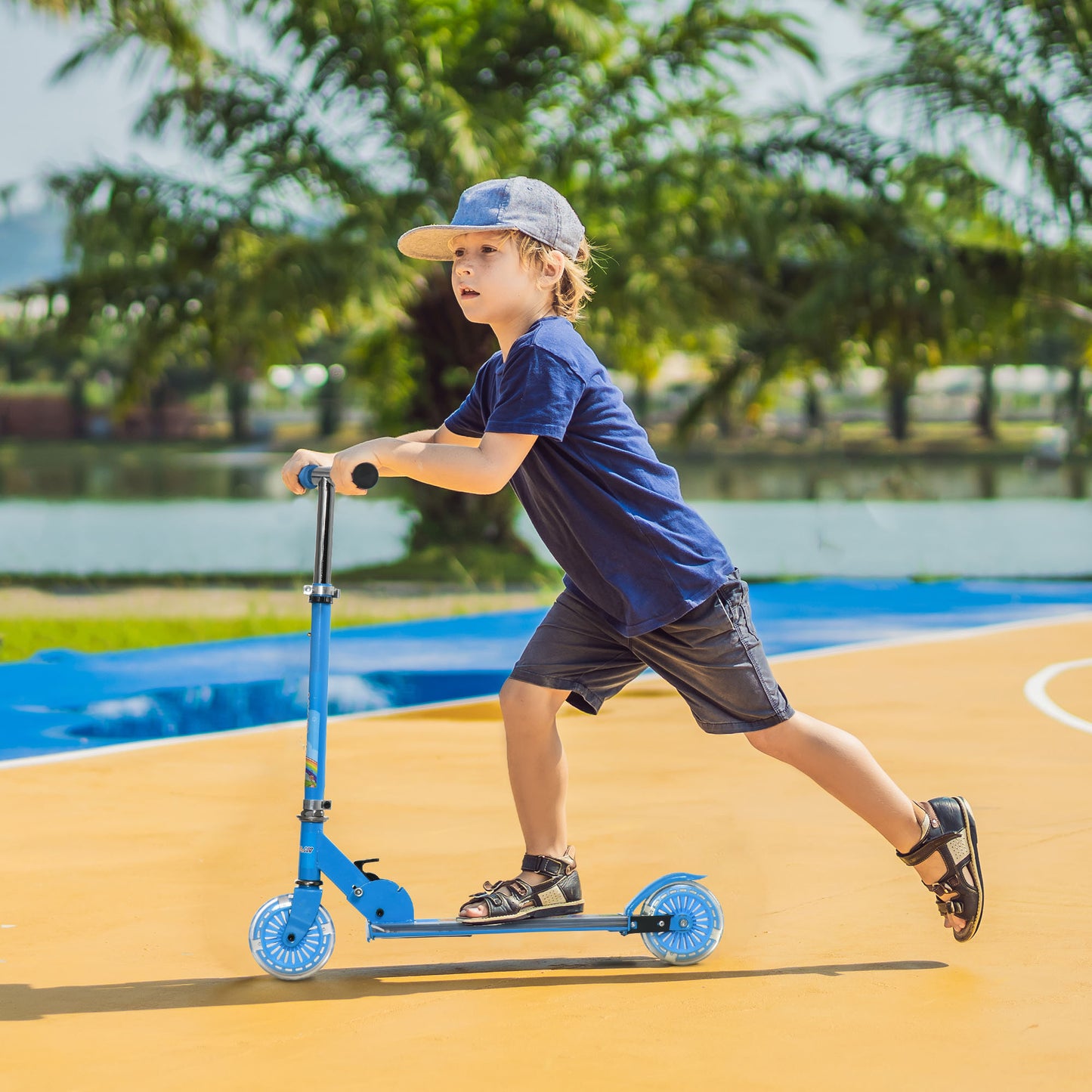 HOMCOM Kids Scooter, with Lights, Music, Adjustable Height, Foldable Frame, for Ages 3-7 Years - Blue