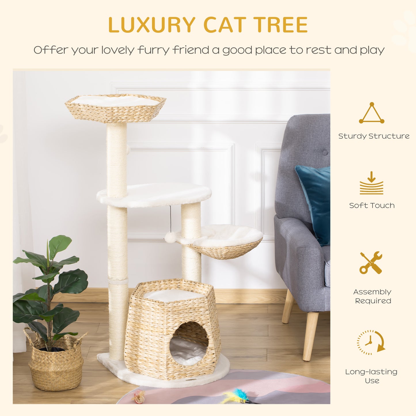 PawHut Cat Tree Tower Climbing Activity Center Kitten Furniture w/ Cattail Fluff Bed Condo Sisal Scratching Post Hanging Ball 50 x 50 x 119cm Natural