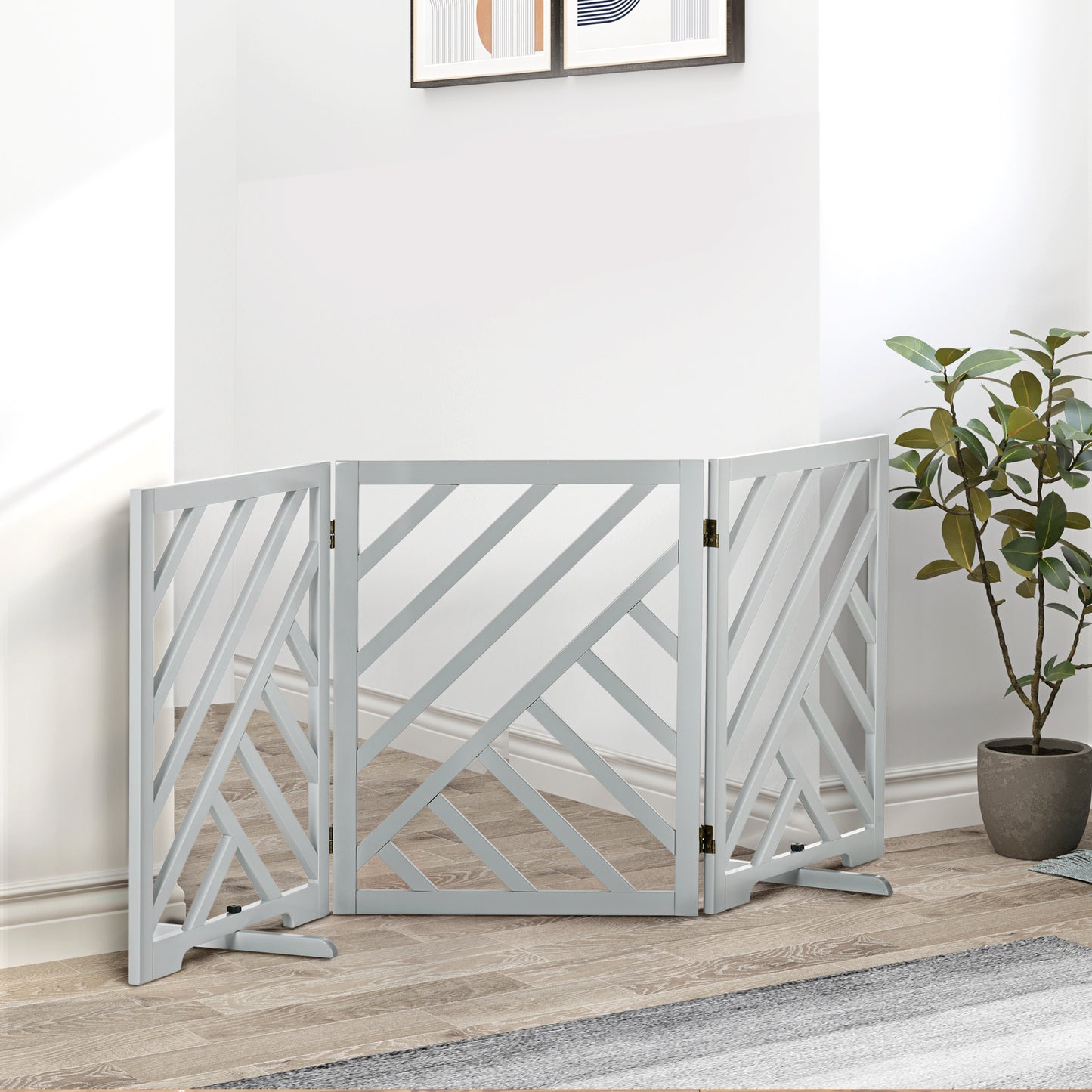 PawHut Dog Gate, Freestanding Pet Gate, Folding Wooden Puppy Fence, Grey