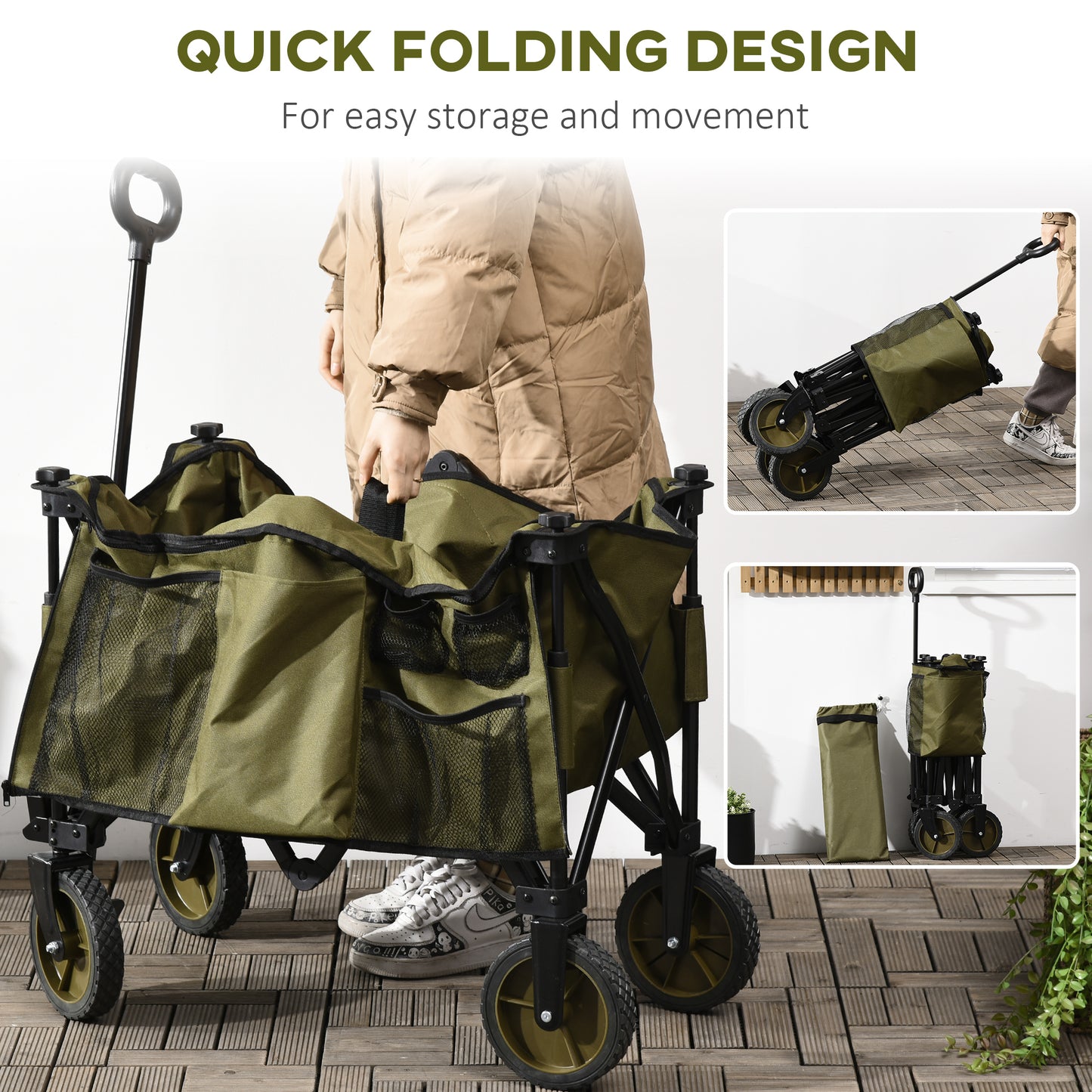 Outsunny Folding Garden Trolley on Wheels, Collapsible Camping Trolley with Folding Board, Outdoor Utility Wagon with Steel Frame and Oxford Fabric, Green