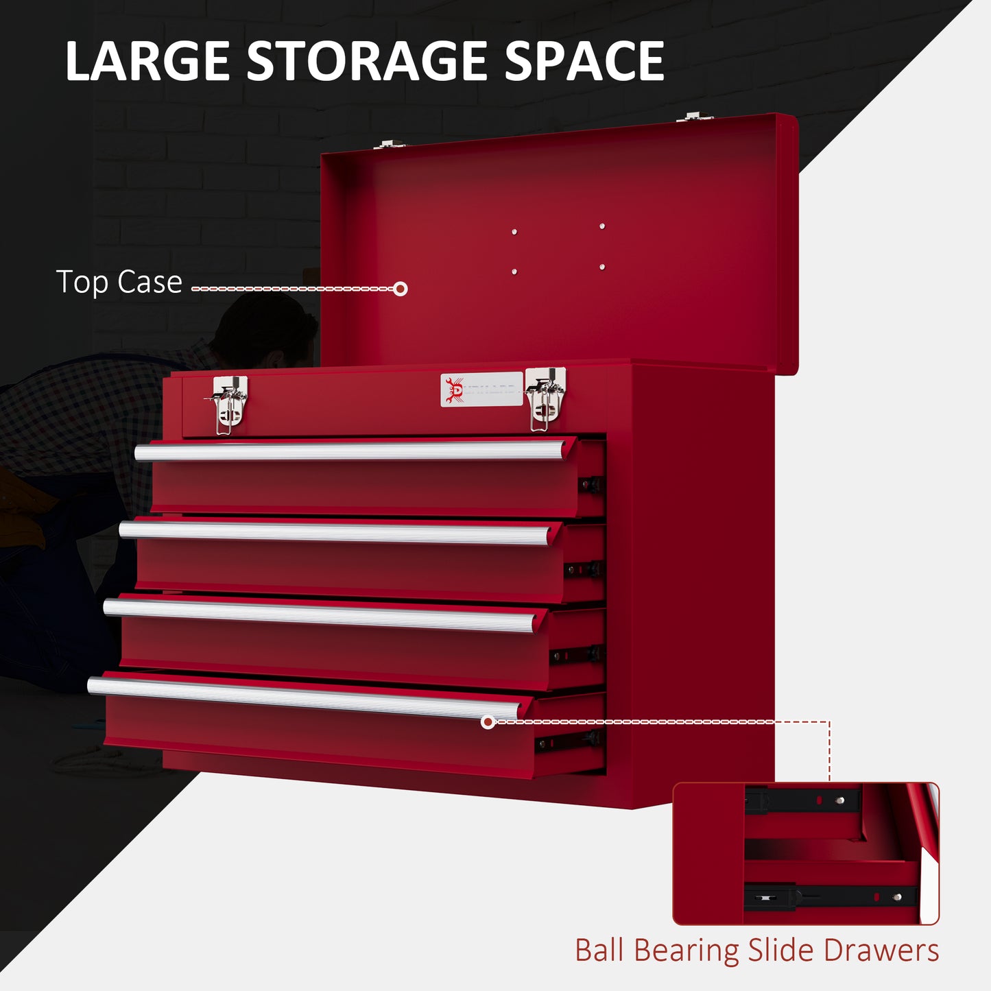 DURHAND Lockable Metal Tool Box 4 Drawer Tool Chest with Latches Handle Ball Bearing Runners Red