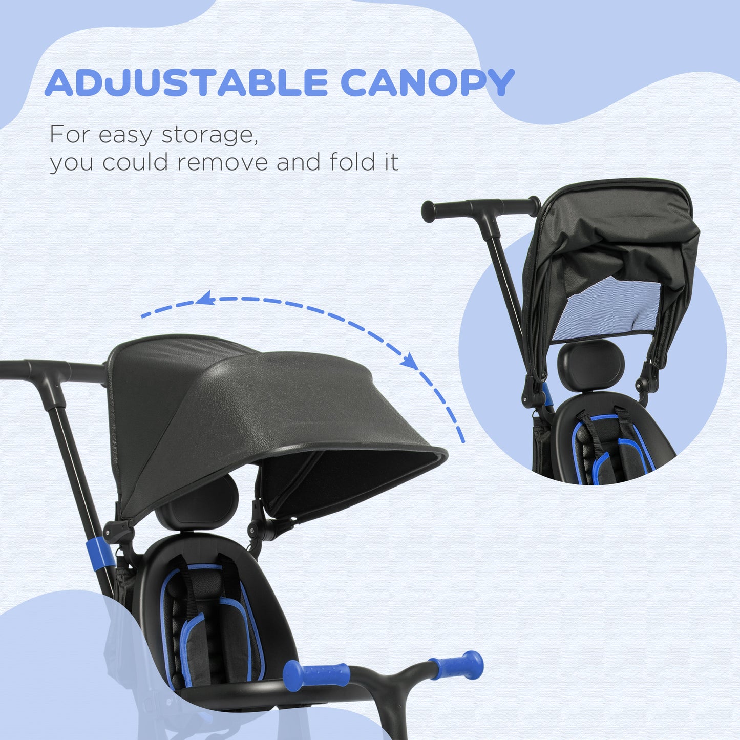 AIYAPLAY 3-in-1 Tricycle for Kids with Aluminium Frame, Baby Trike with Adjustable Push Handle, Canopy and Seat Angle for 18-48 Months, Blue