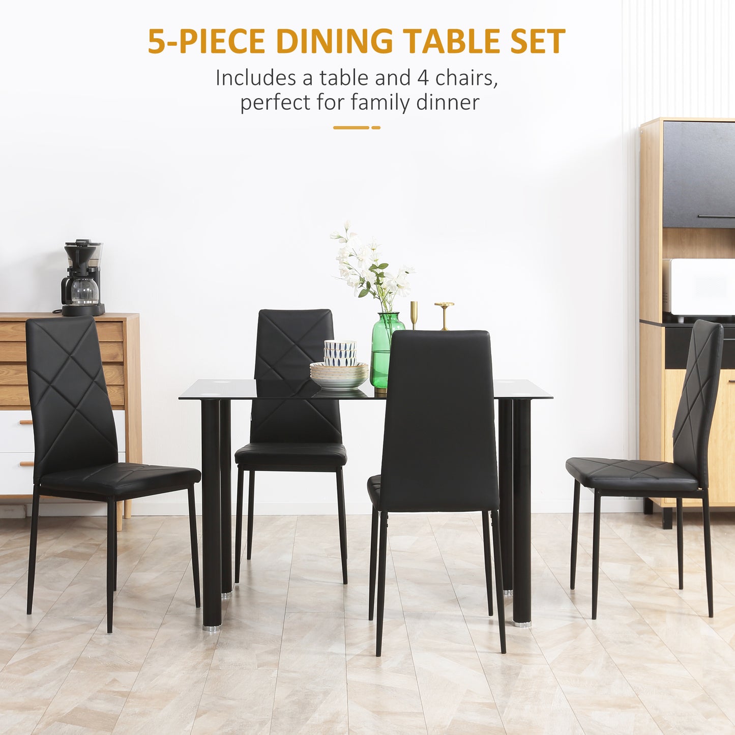 HOMCOM Modern Dining Table Set for 4, Space-Saving 5 Pieces Kitchen Table Set with Rectangle Table and Steel Frame, Black