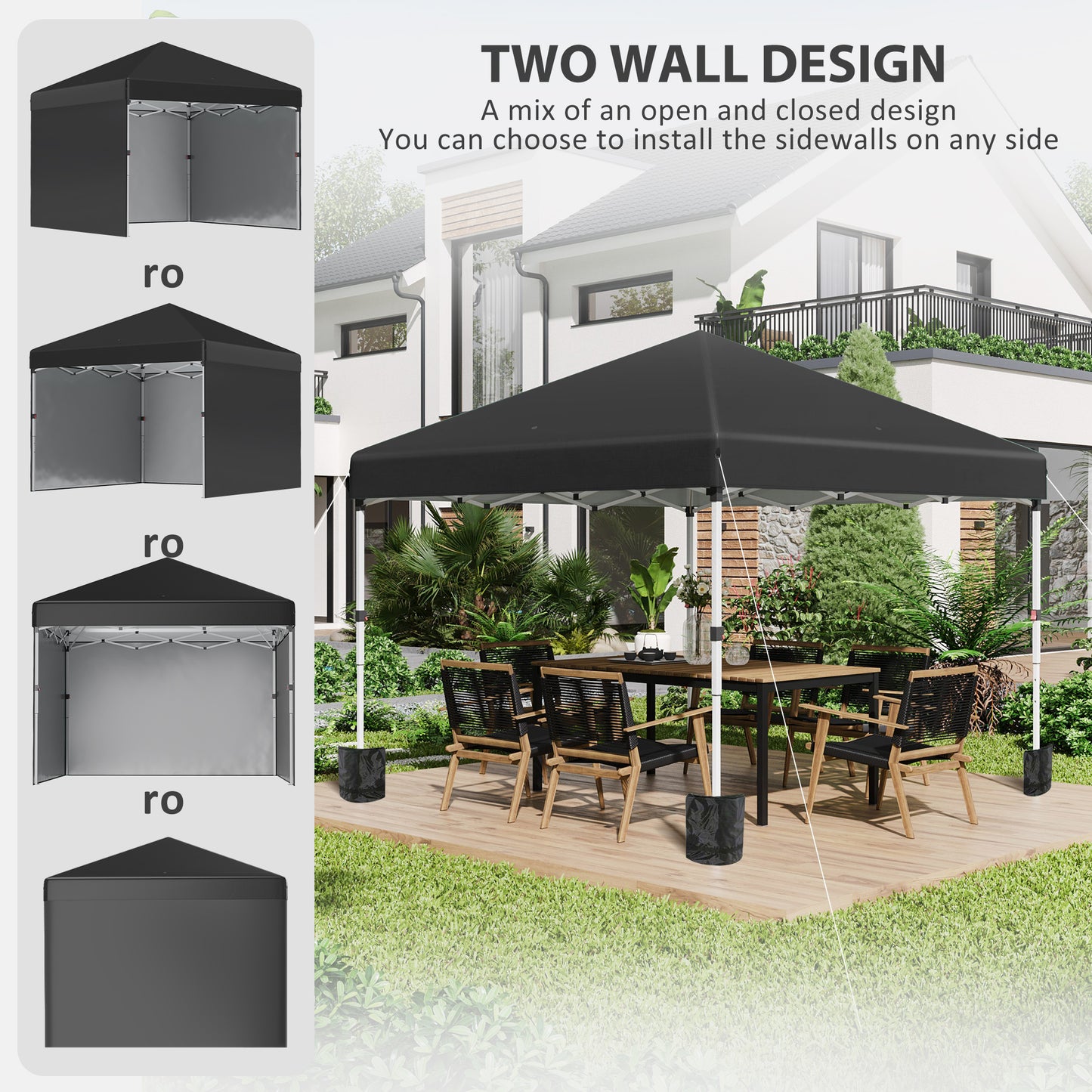 Outsunny 3 x 3 (M) Pop Up Gazebo Event Shelter, Height Adjustable Party Tent with 2 Sidewalls, Weight Bags and Wheeled Bag