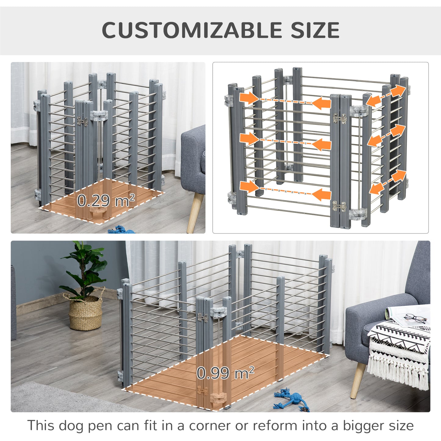 PawHut Dog Pen Adjustable Puppy Playpen Foldable Fence Indoor Outdoor Run Enclosure for Small Dogs with Gate Locks 64.5 cm High, Grey