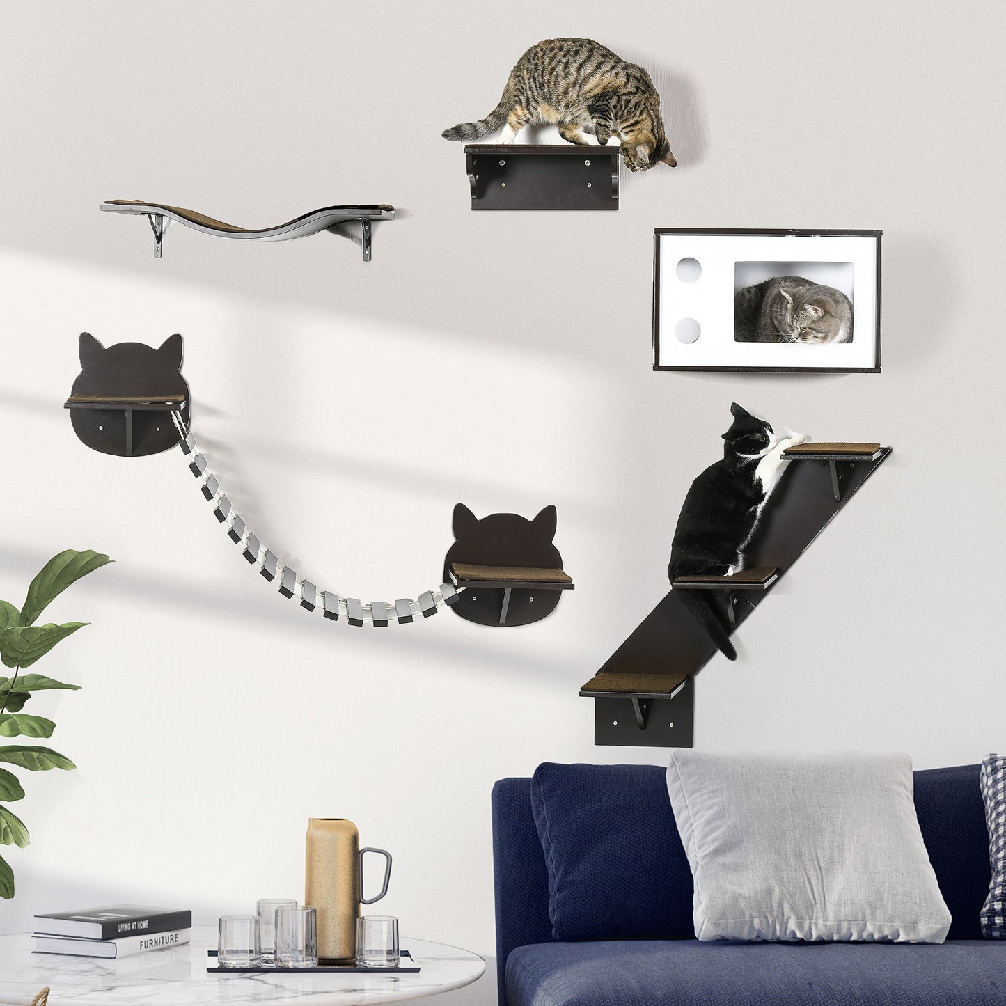 PawHut 5 Piece Cat Wall Shelves, Wall-Mounted Cat Tree for Indoor Use - Brown