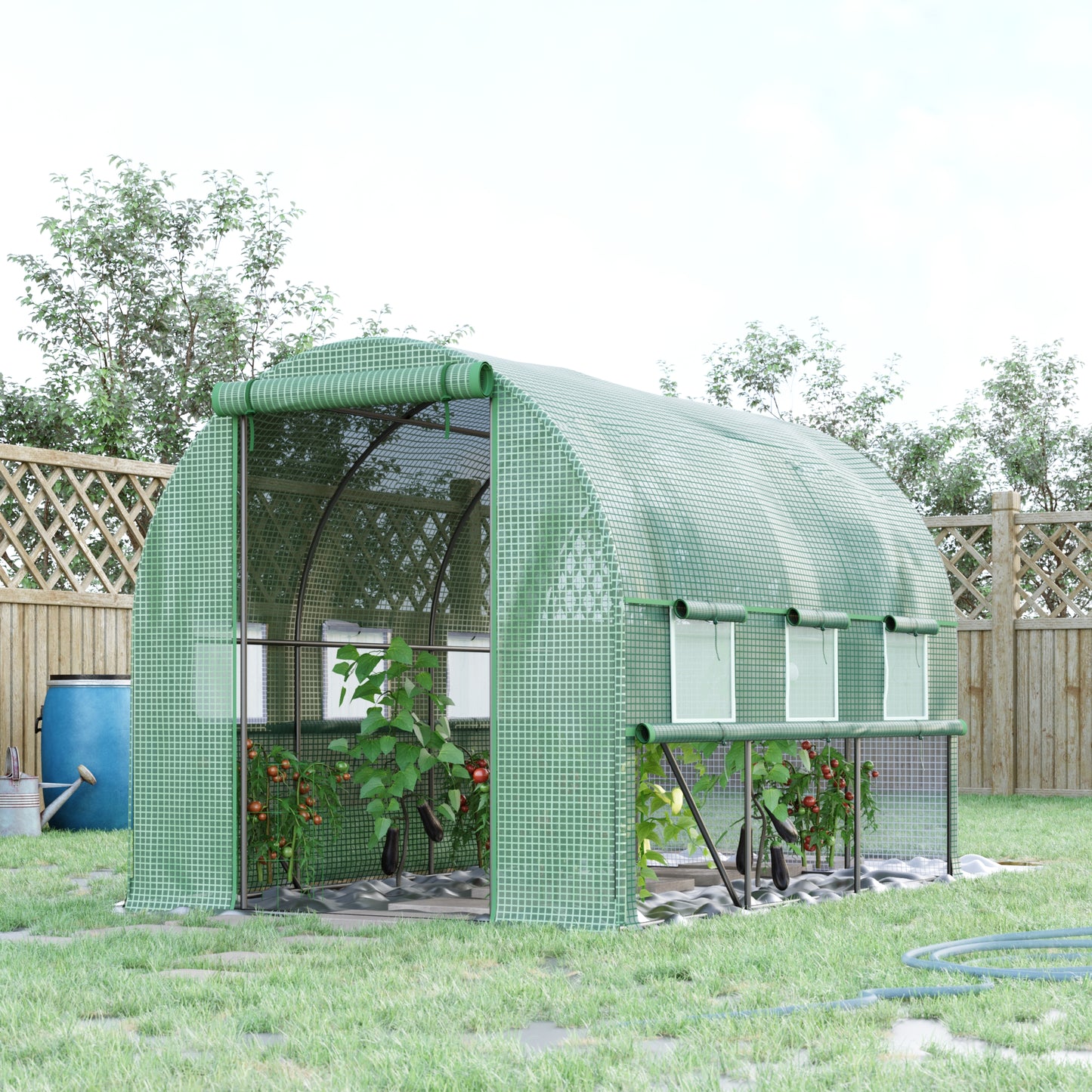 Outsunny Walk In Greenhouse Garden Polytunnel with PE Cover Zipped Roll Up Door and 6 Mesh Windows 3x2x2m Green