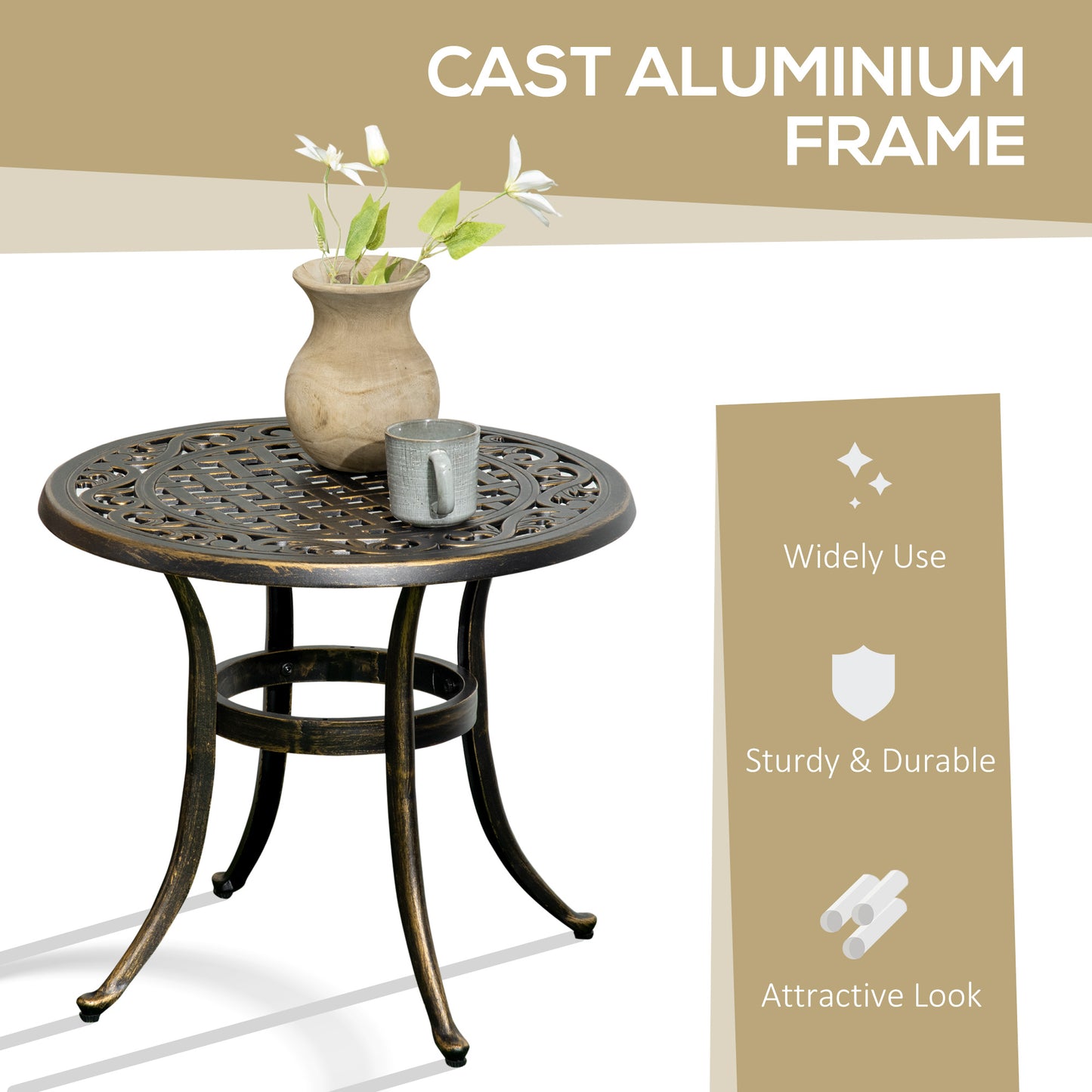 Outsunny Industrial Side Table, Round Hollow Top Design End Table with Cast Aluminum Frame for Patio, Garden, Balcony, Bronze