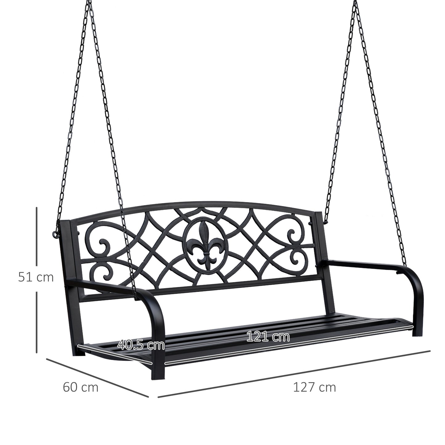 Outsunny Steel Fleur-de-Lis Design Outdoor Porch Swing Seat Bench with Chains for the Yard, Deck, & Backyard, Black Metal Chair Chair Yard Deck