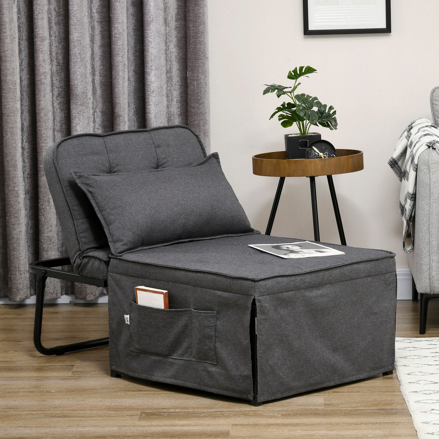 HOMCOM Fabric Sleeper Chair Folding Chair Bed with Adjustable Backrest Pillow Side Pockets for Living Room Charcoal Grey