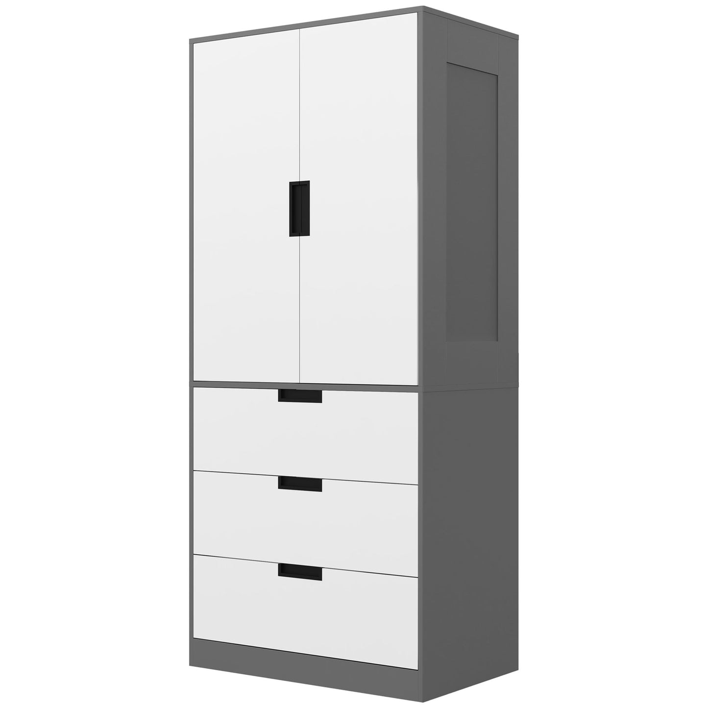 HOMCOM 2 Door Wardrobe, Modern Wardrobe with 3 Drawers and Hanging Rod for Bedroom, Grey