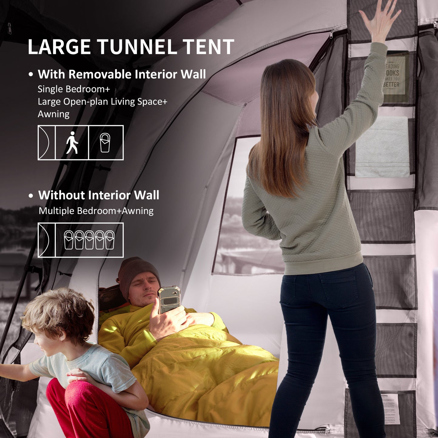 Outsunny Family Tunnel Tent w/ Bedroom, Spacious Living Space, Awning and Carry Bag, 3000 mm Water Column 8 Person Large Sleeping Cabin for Camping