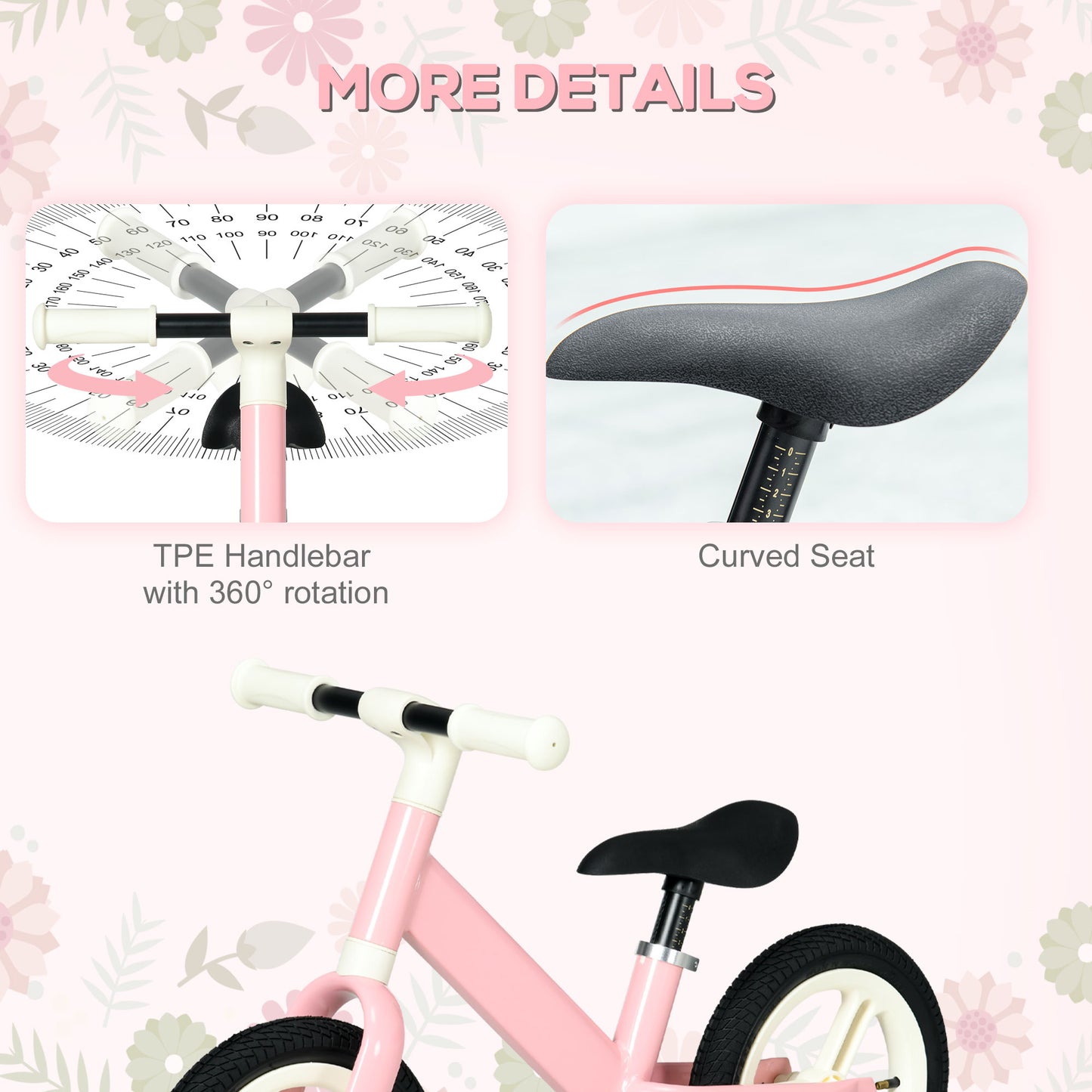 AIYAPLAY 12" Kids Balance Bike, No Pedal Training Bike for Children with Adjustable Seat, 360Â° Rotation Handlebars - Pink