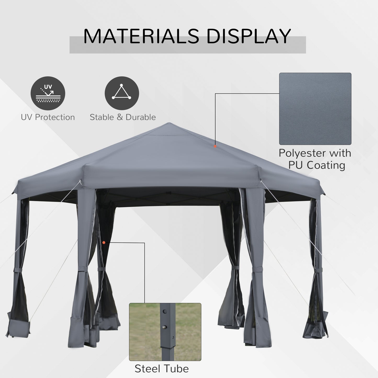 Outsunny 3.2m Pop Up Gazebo Hexagonal Canopy Tent Outdoor Mesh Sidewalls Bag Dark Grey