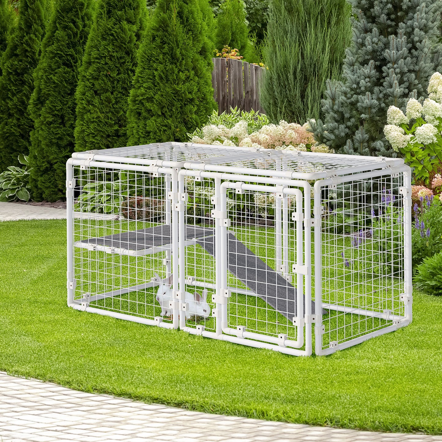 PawHut DIY Rabbit Hutch, 9PCs Guinea Pig Hutch, Large Bunny Cage with Door, Ladder, Divider for Small Animals