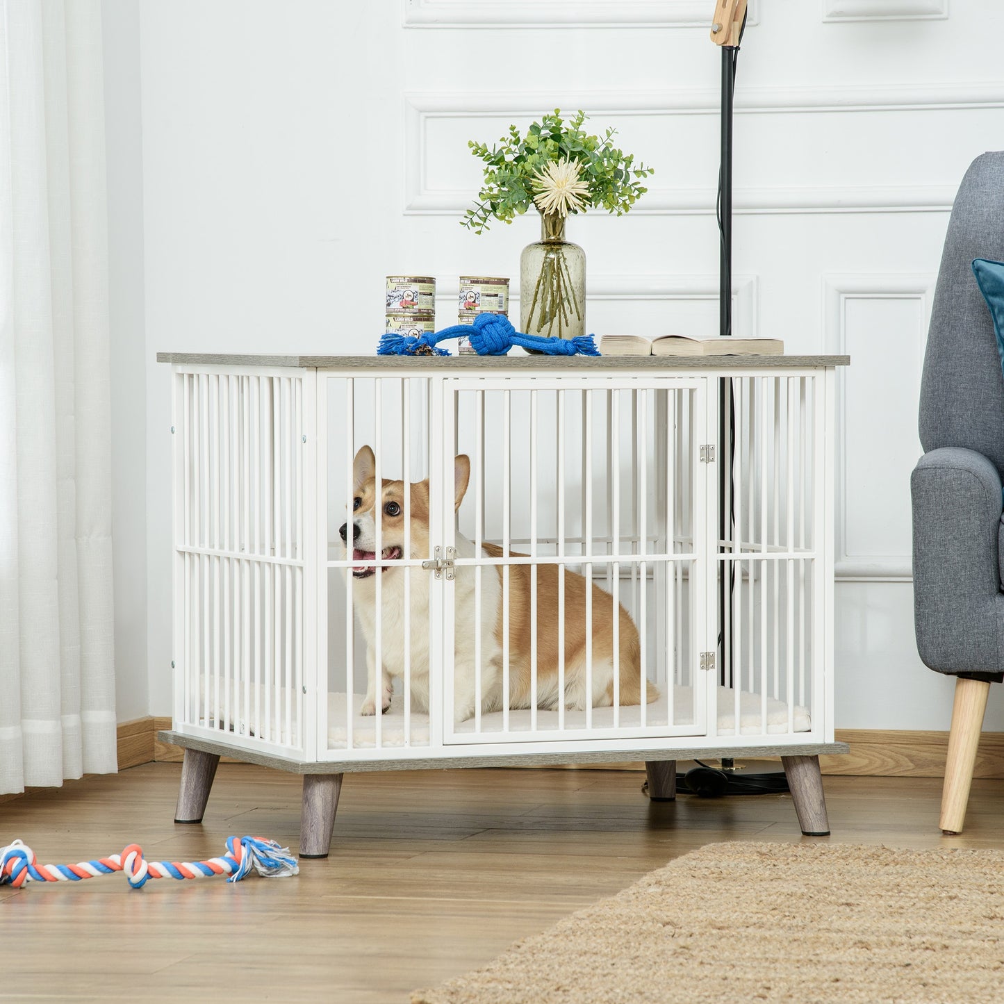 PawHut Dog Crate, Furniture Style Pet Cage Kennel, End Table, Decorative Dog House, with Soft Cushion, Wooden Top, Door, for Small Medium Dogs, Indoor Use, Grey House