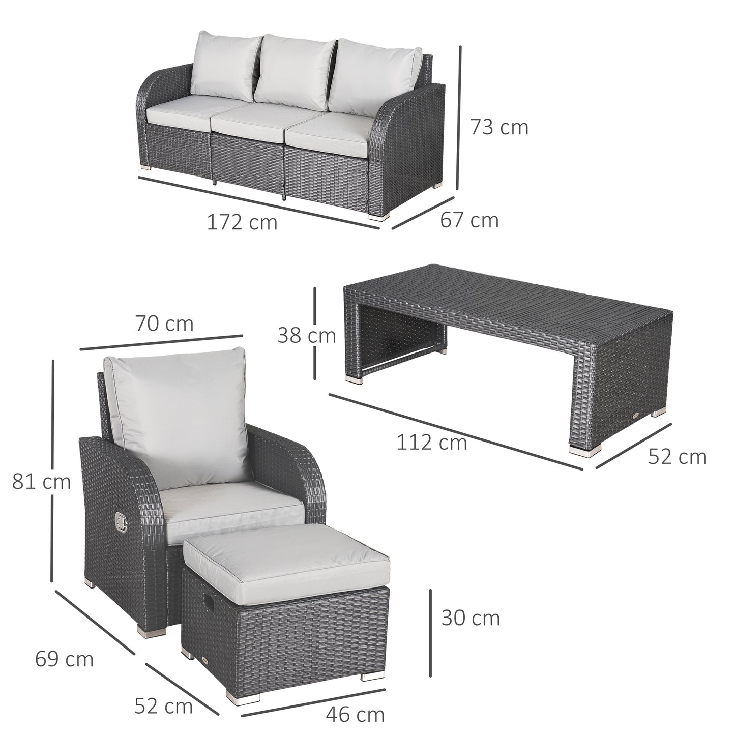 Outsunny 7-Seater Outdoor Garden Rattan Furniture Set w/ Recliners Grey