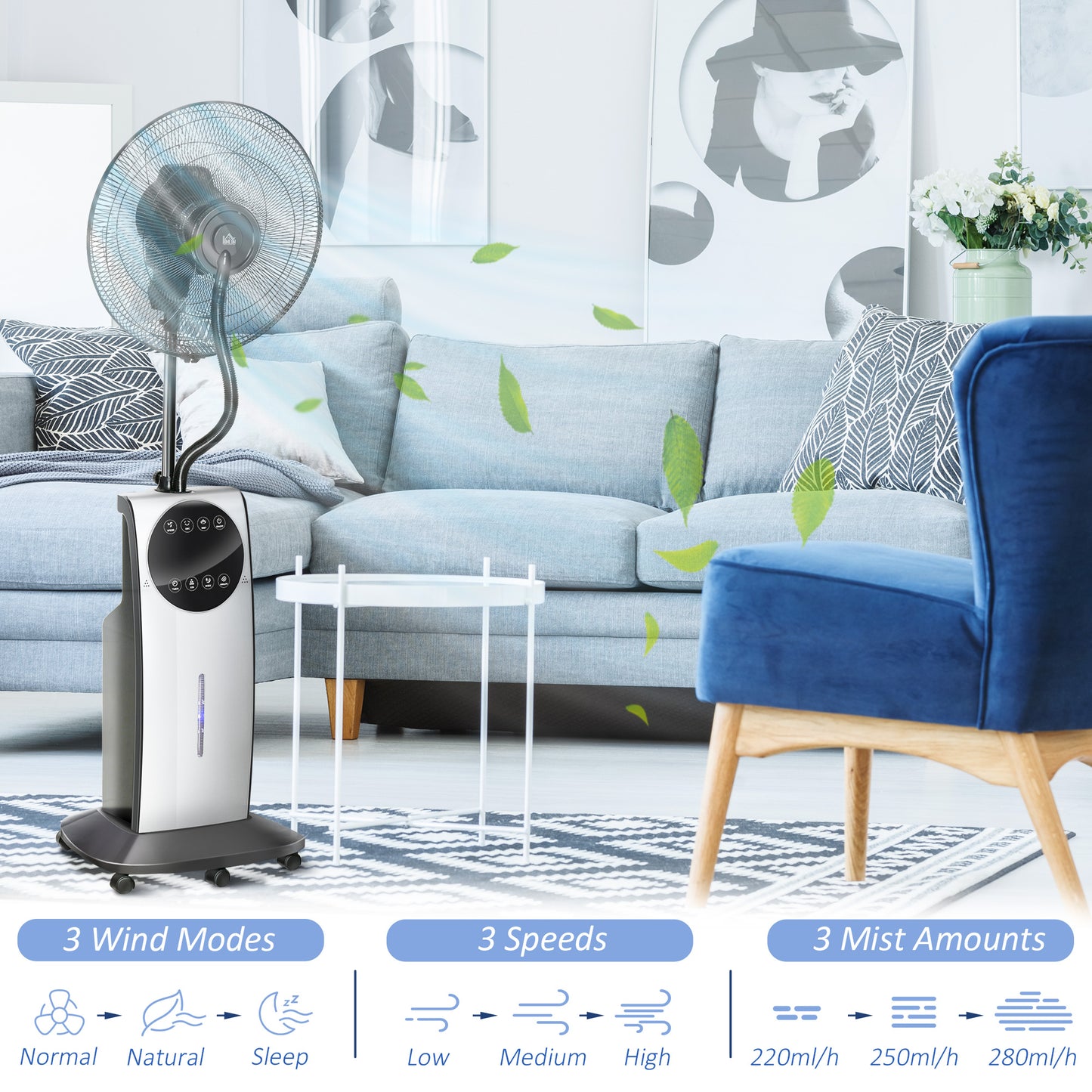 HOMCOM Pedestal Fan with Water Mist Spray, Humidifying Misting Fan, Standing Fan with 3 Speeds, 3.1L Water Tank, Timer and Electric Mosquito Killer Jack, Black