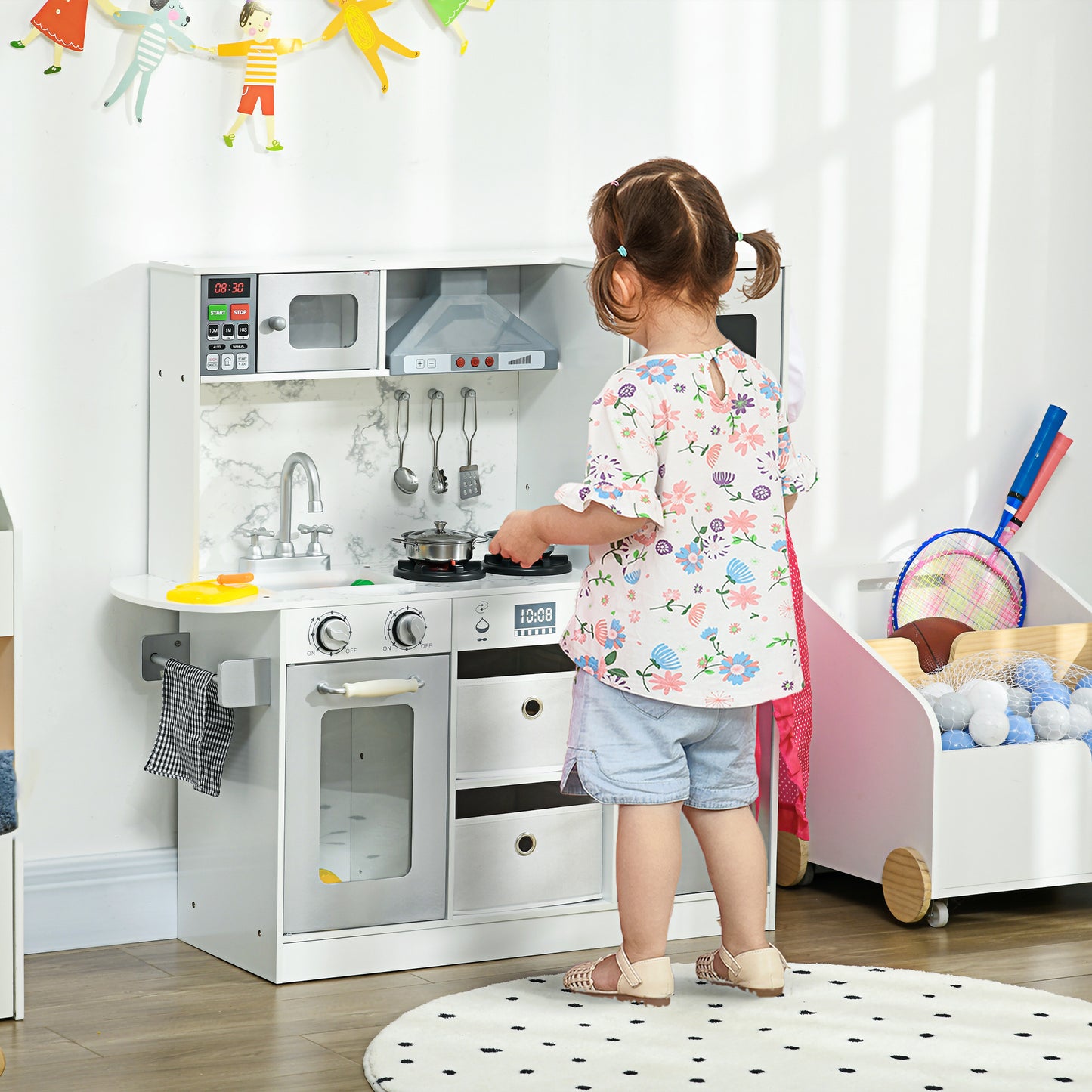 AIYAPLAY Toy Kitchen with Lights Sounds Apron and Chef Hat Ice Maker Microwave for Ages 36 Years White