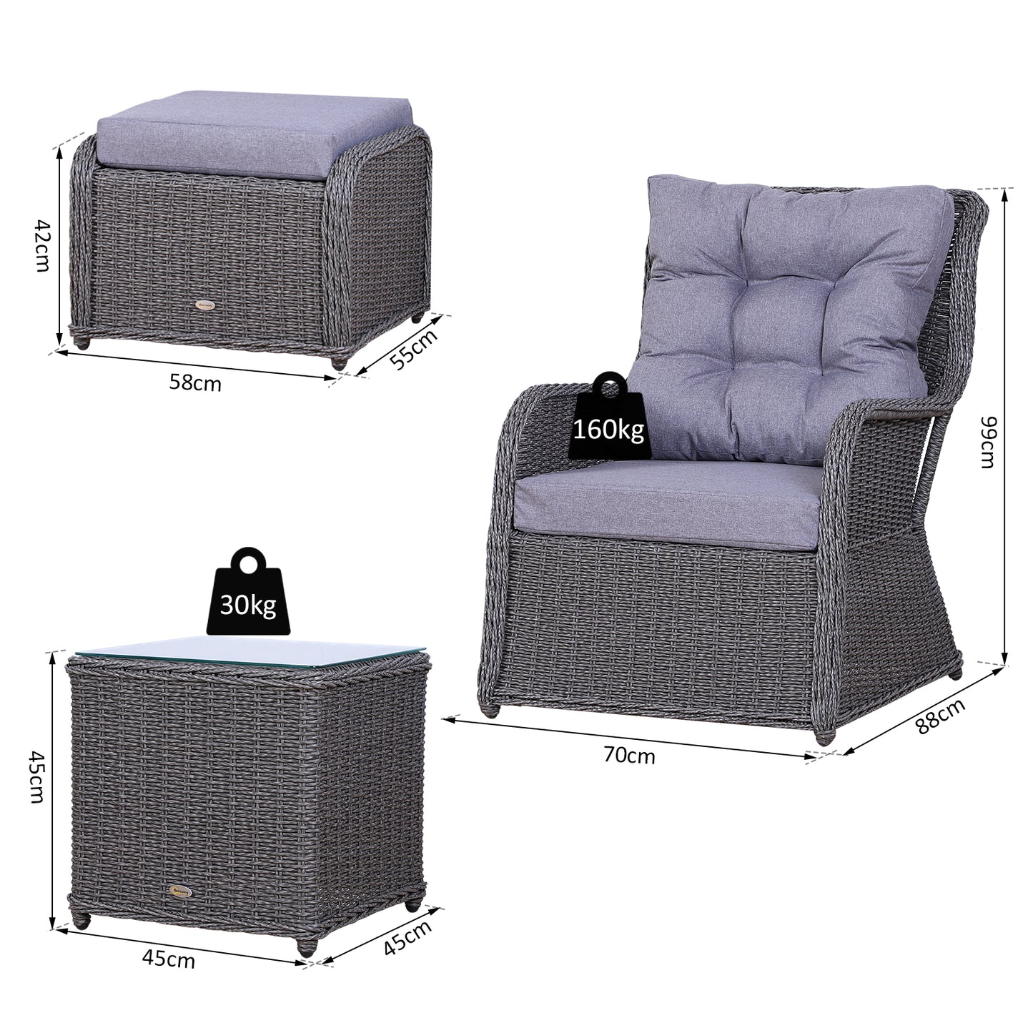 Outsunny Deluxe 2-Seater Rattan Armchair & Table Set Grey