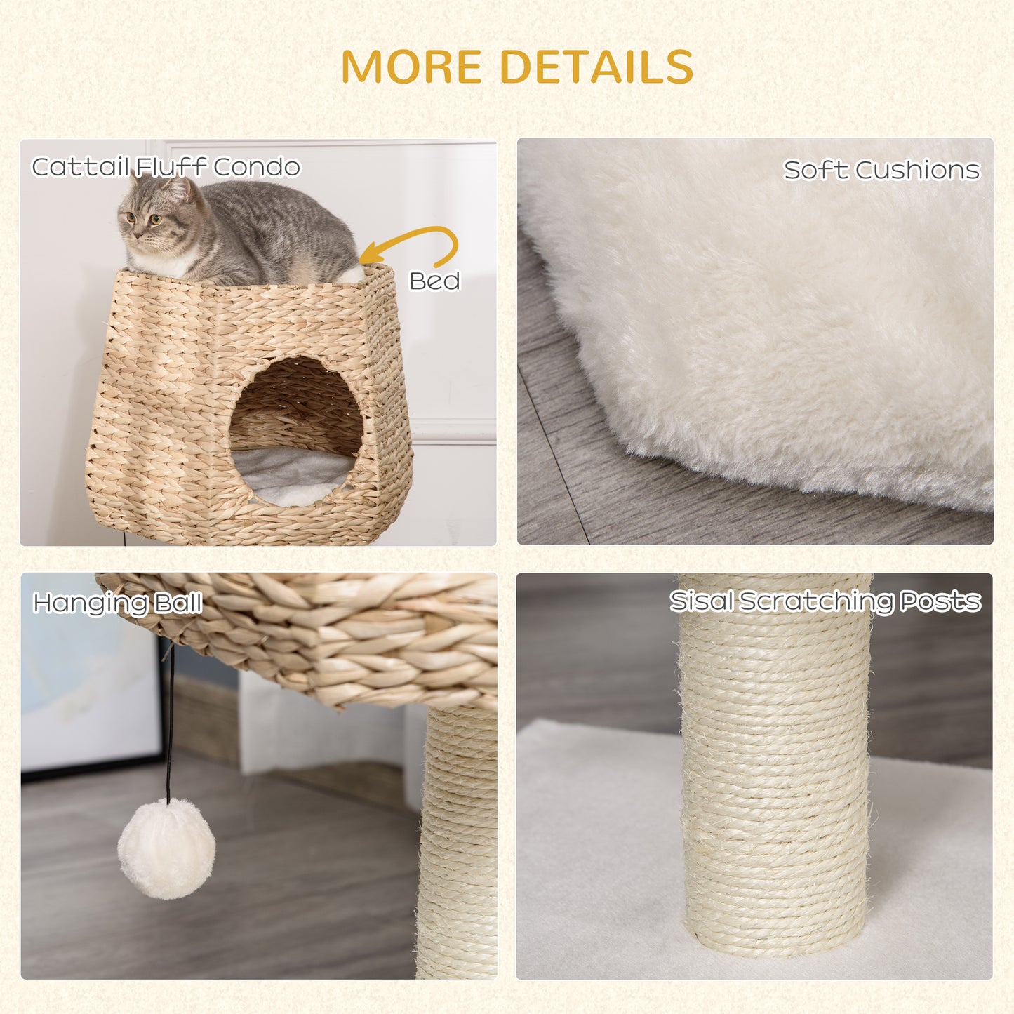 PawHut Cat Tree Tower Climbing Activity Center Kitten Furniture with Cattail Fluff Bed Condo Sisal Scratching Post Hanging Ball 45 x 45 x 66cm Natural