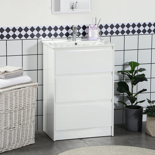 kleankin Freestanding Bathroom Vanity Unit, with Basin and Drawers - High Gloss White
