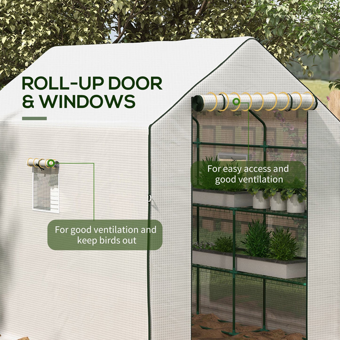 Outsunny Walkin Greenhouse with 3 Tier Shelves Outdoor Green House Garden Grow House with Reinforced PE Cover Rollup Door and Mesh Windows 140 x 213 x 190cm White
