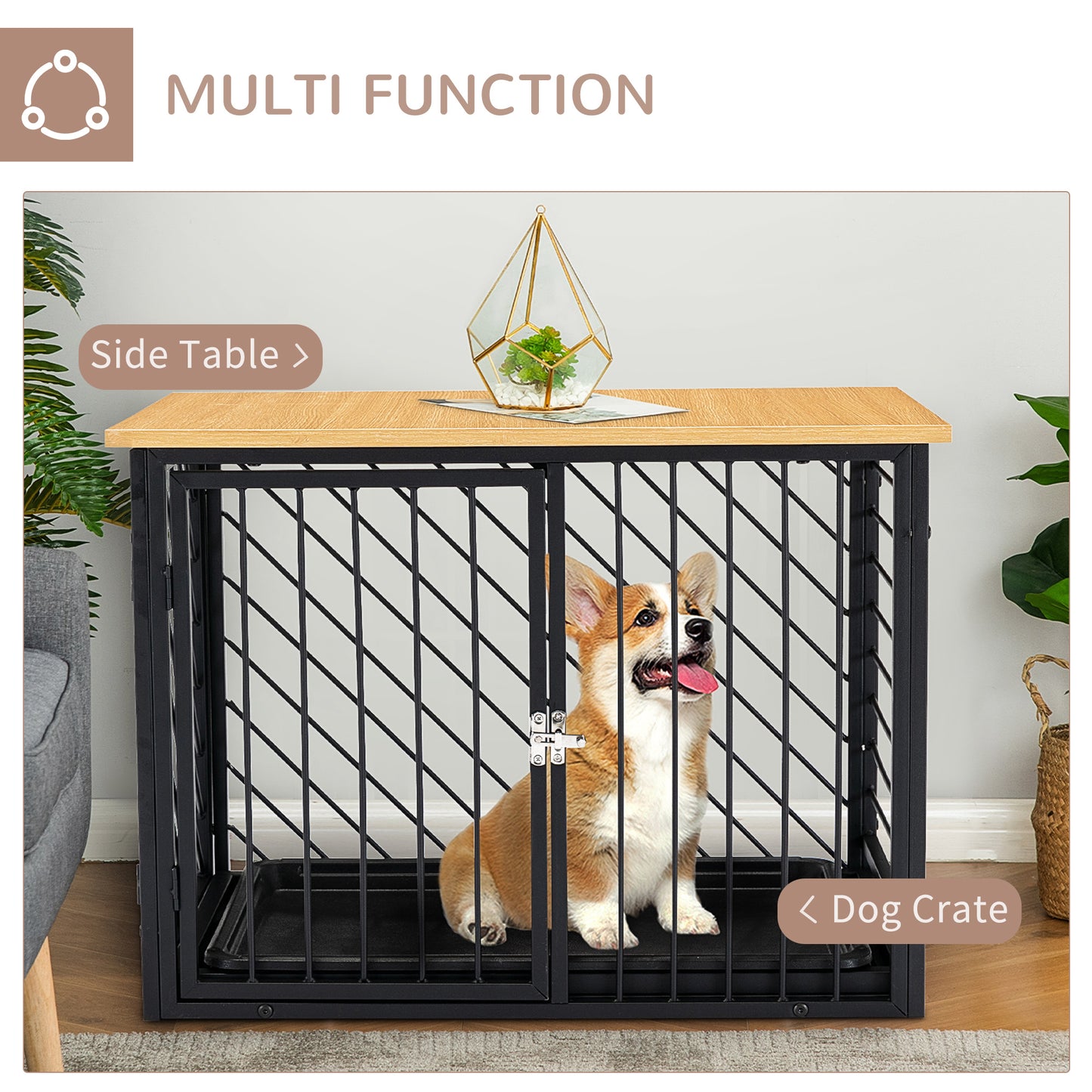 PawHut  Steel Dog Crate Small Medium Dog Kennel Two Doors Tray Wooden Top Pet Cage 76L x 48W x 53H cm, Black