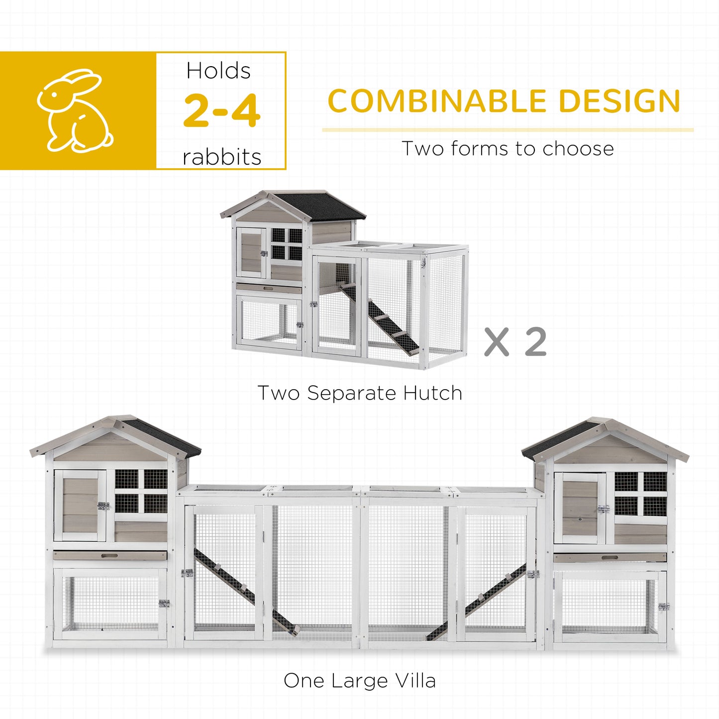 PawHut 2 in 1 Wooden Rabbit Hutch, Double Main House Guinea Pig Cage, Bunny Run, Small Animal House with Run Box, Ramp, 259 x 64 x 92cm, Grey