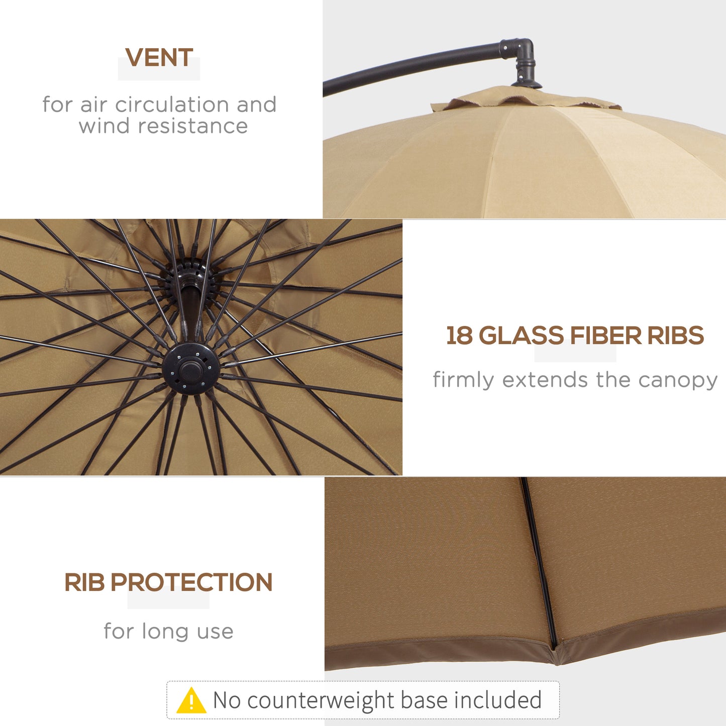 Outsunny 3(m) Cantilever Sun Umbrella Outdoor Market Table Parasol w/ 18 Sturdy Ribs Cross Base for Garden Lawn Pool Khaki & Vents Adjustable Angle Patio